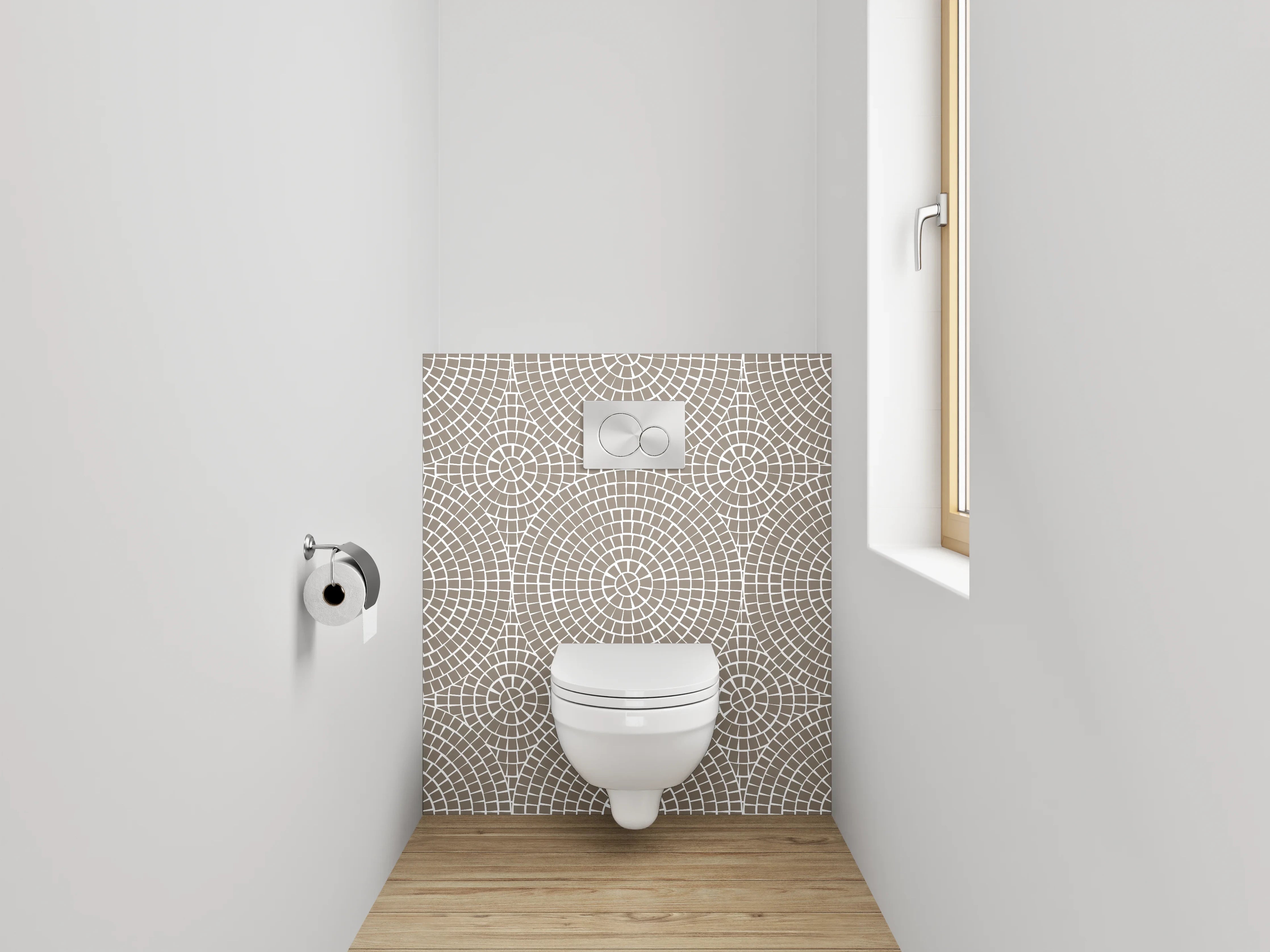 WC-Rückwand - Retro-Geometrie in Beige, Weiß und Grau