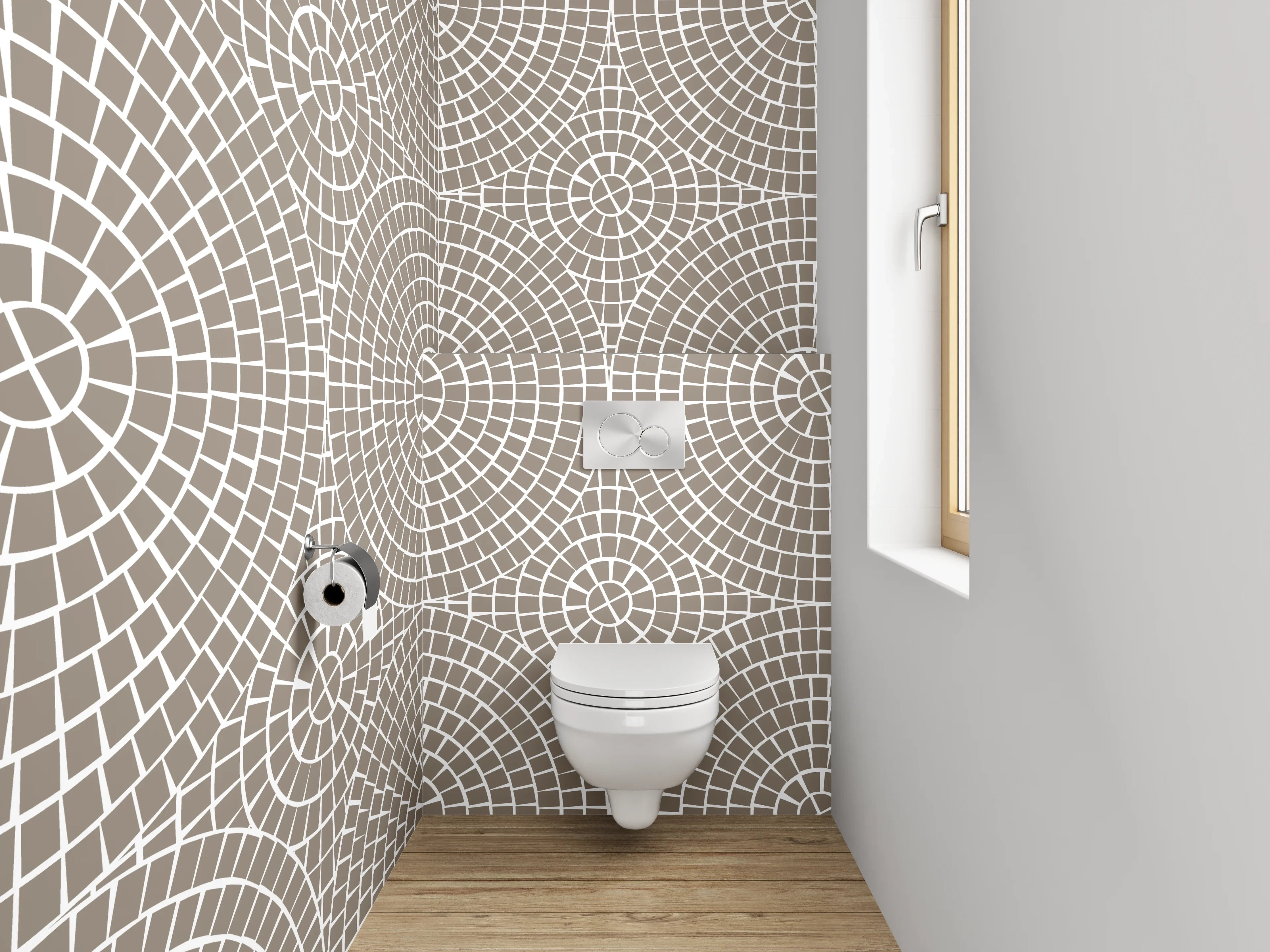 WC-Rückwand - Retro-Geometrie in Beige, Weiß und Grau