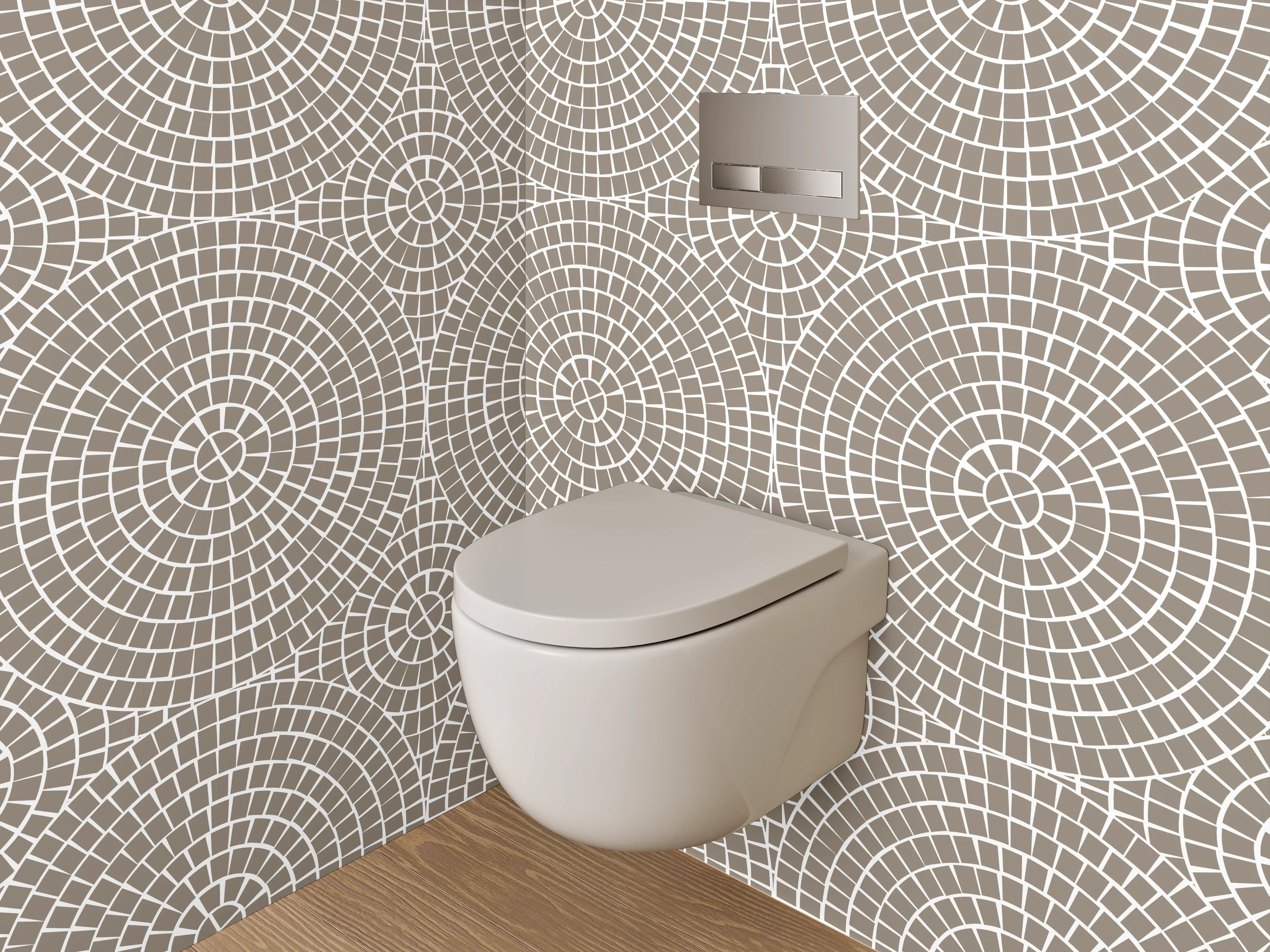WC-Rückwand - Retro-Geometrie in Beige, Weiß und Grau