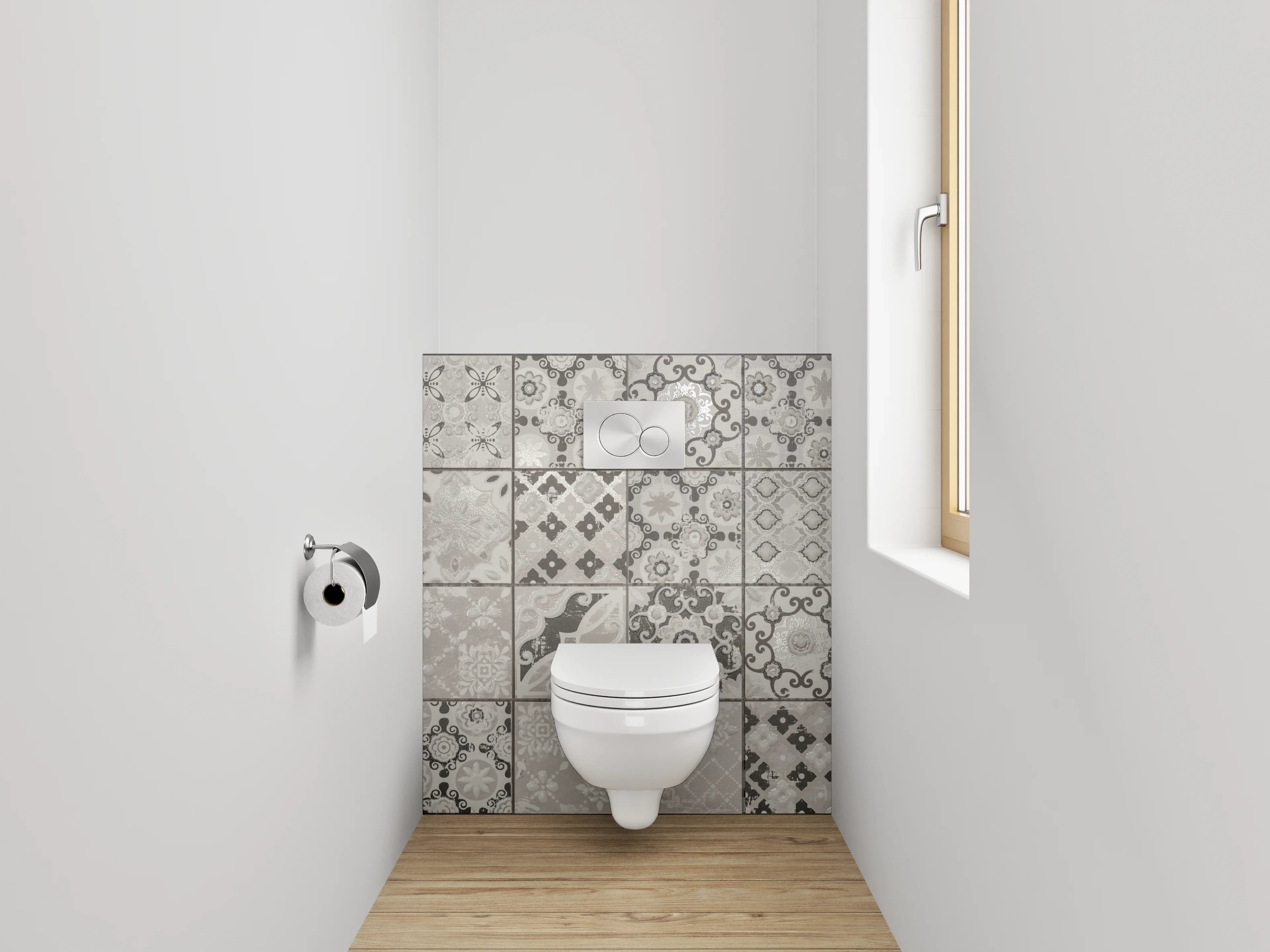 WC-Rückwand - Retro-Grauton Fliesenmuster auf Weiß