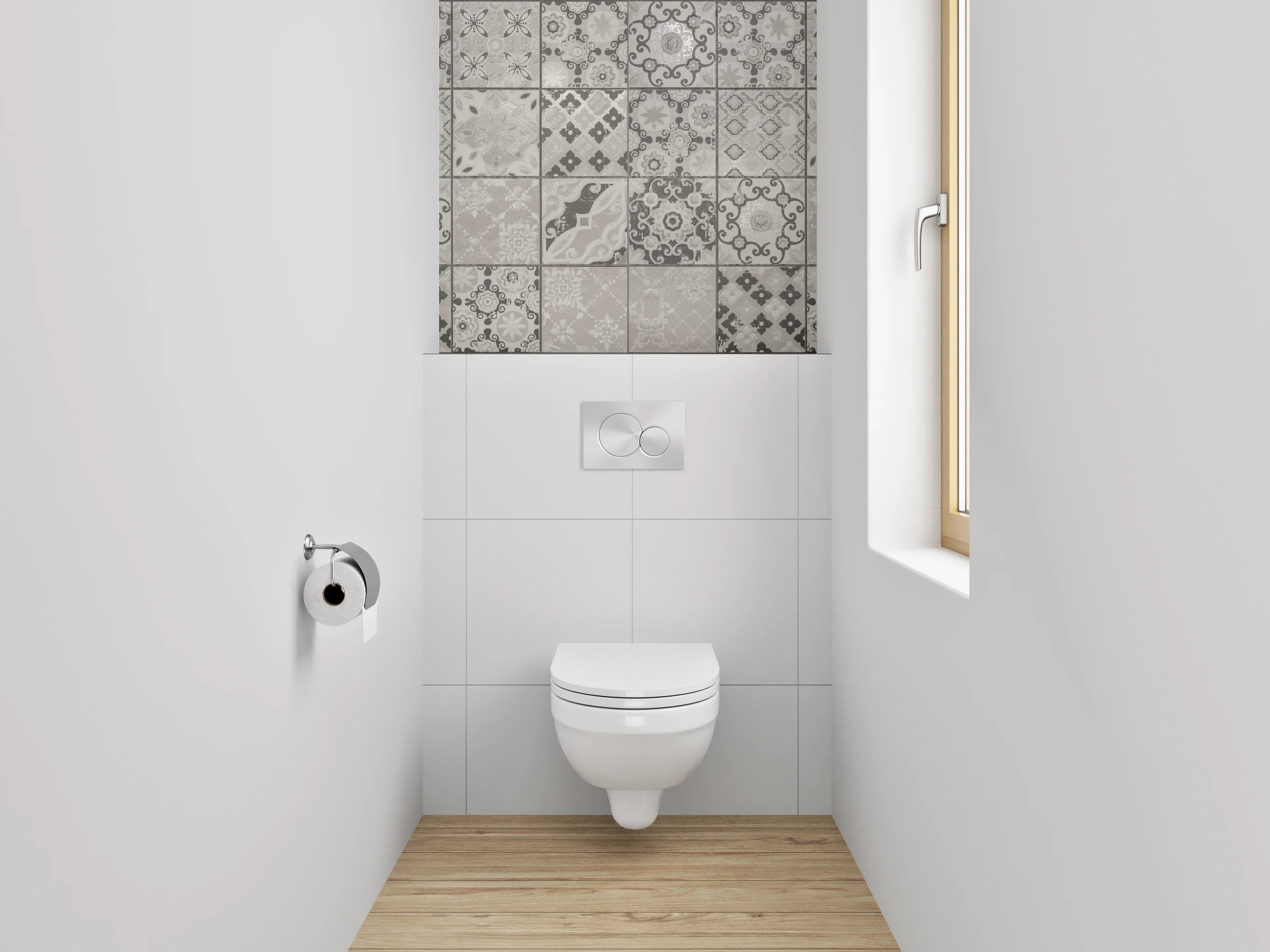 WC-Rückwand - Retro-Grauton Fliesenmuster auf Weiß