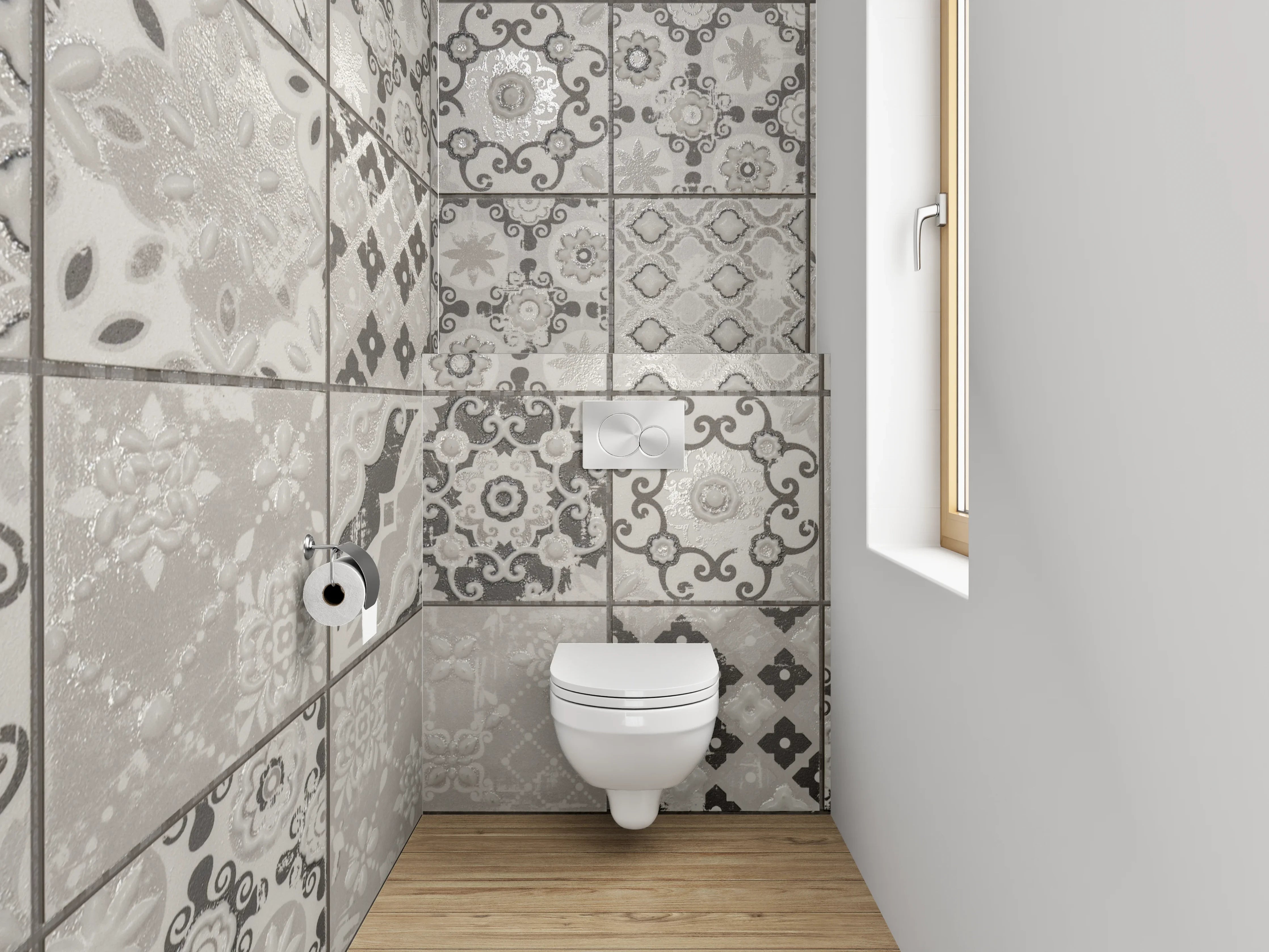 WC-Rückwand - Retro-Grauton Fliesenmuster auf Weiß