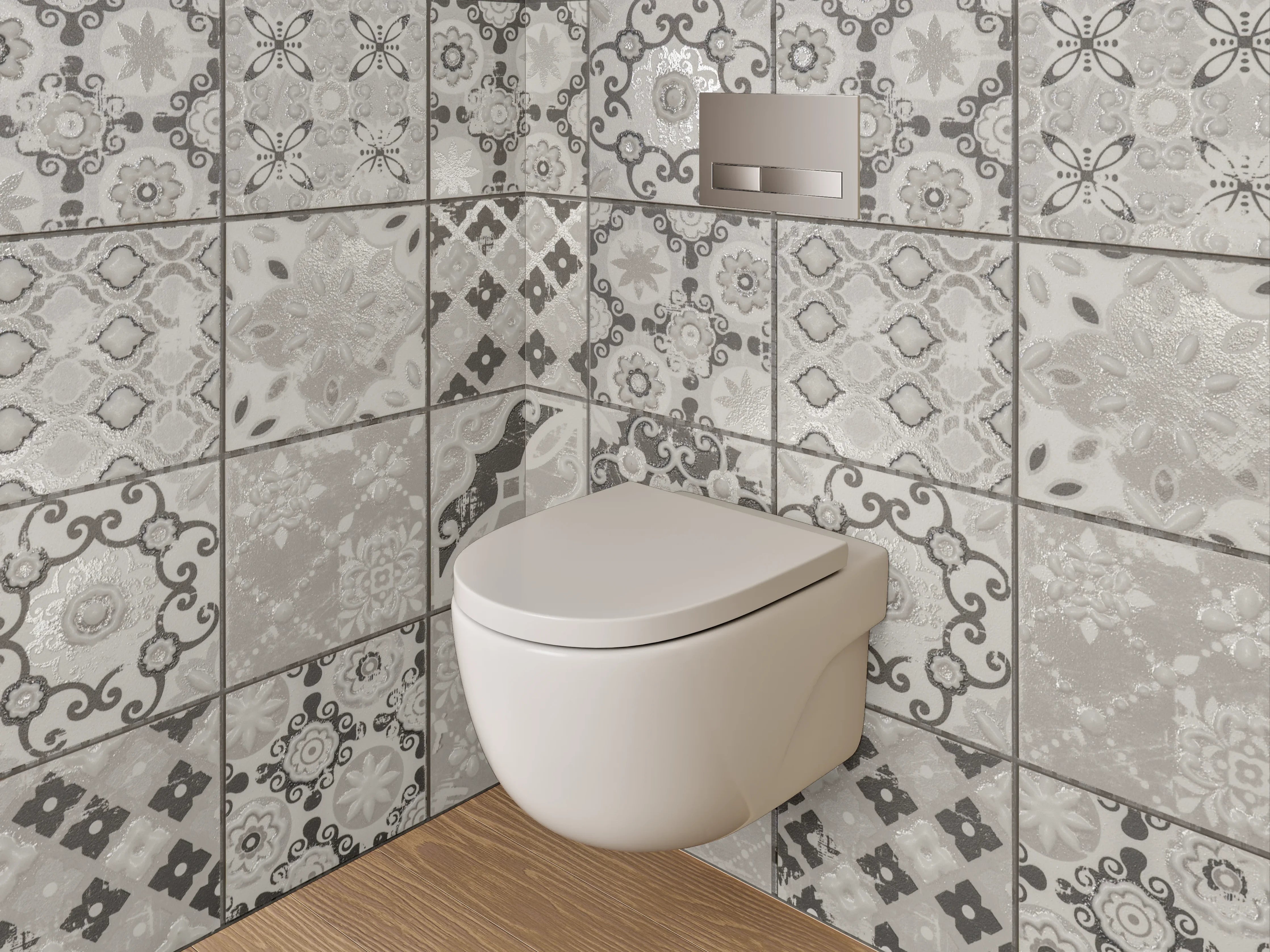 WC-Rückwand - Retro-Grauton Fliesenmuster auf Weiß