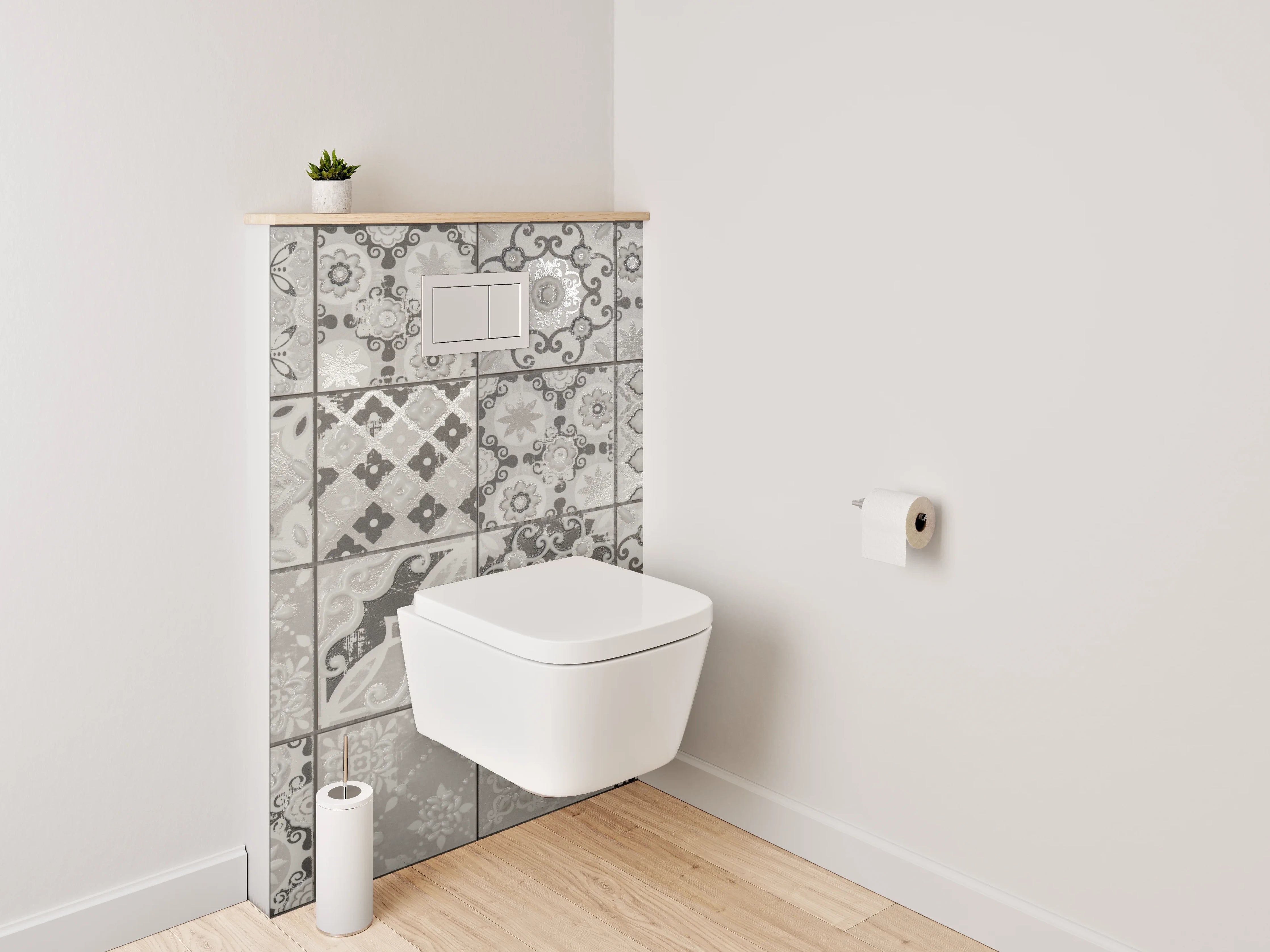 WC-Rückwand - Retro-Grauton Fliesenmuster auf Weiß