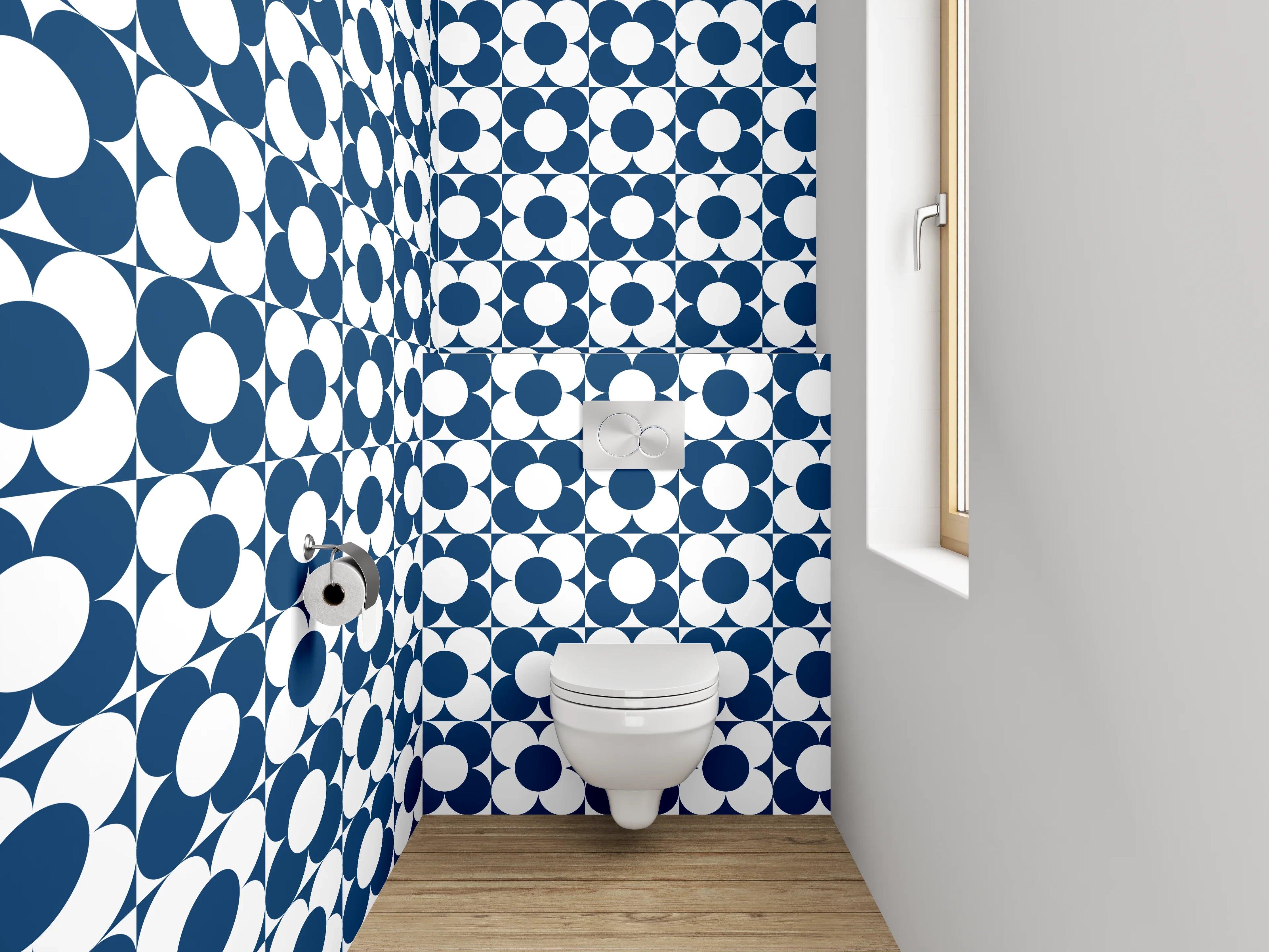 WC-Rückwand - Retro-Kachelmuster in Blau-Weiß