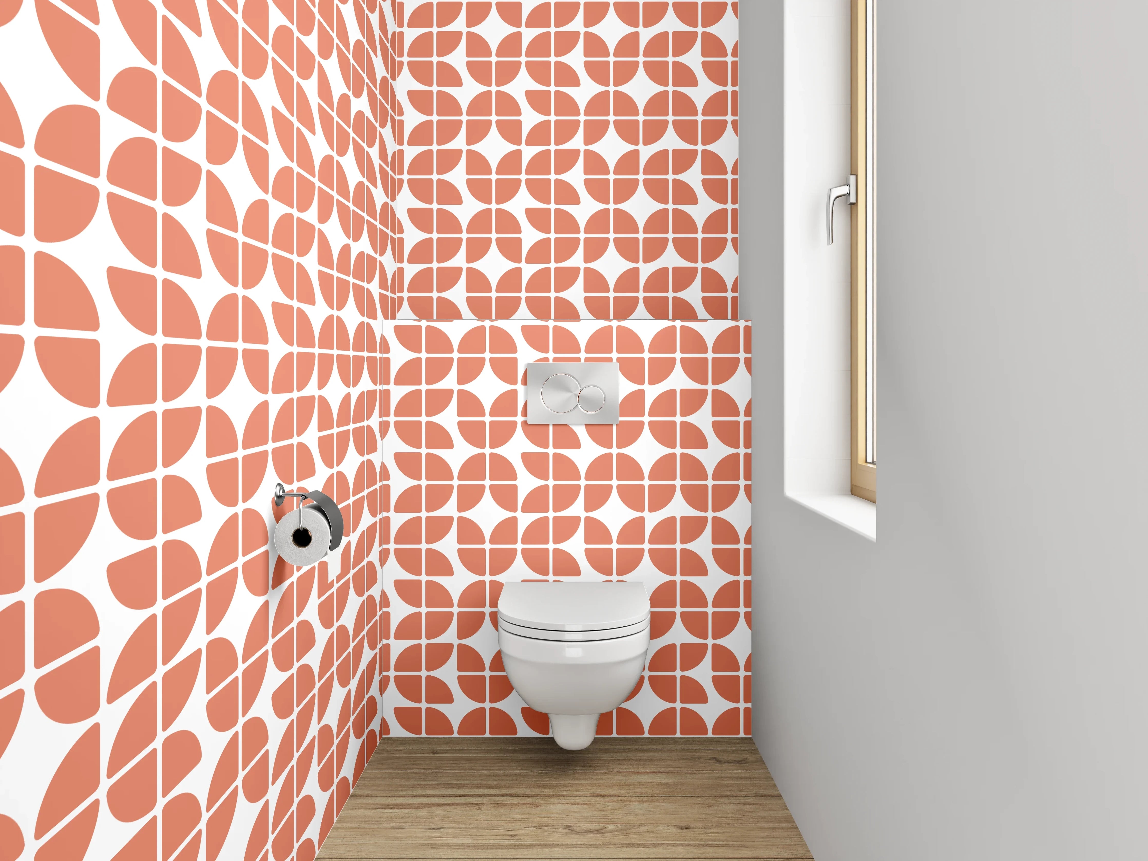 WC-Rückwand - Retro Kachelmuster in Orange Weiß