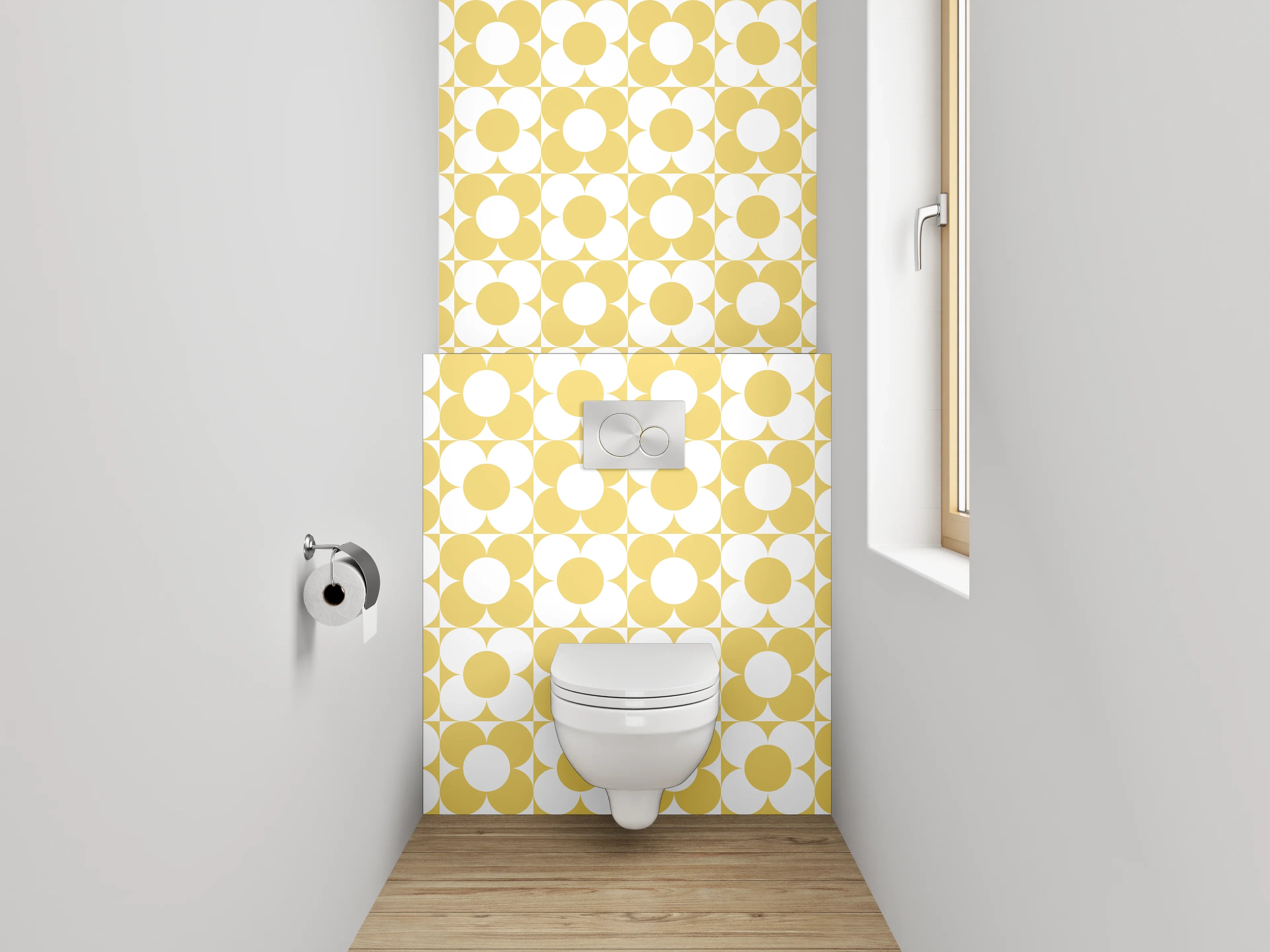 WC-Rückwand - Retro Kreismuster Gelb-Weiß Design