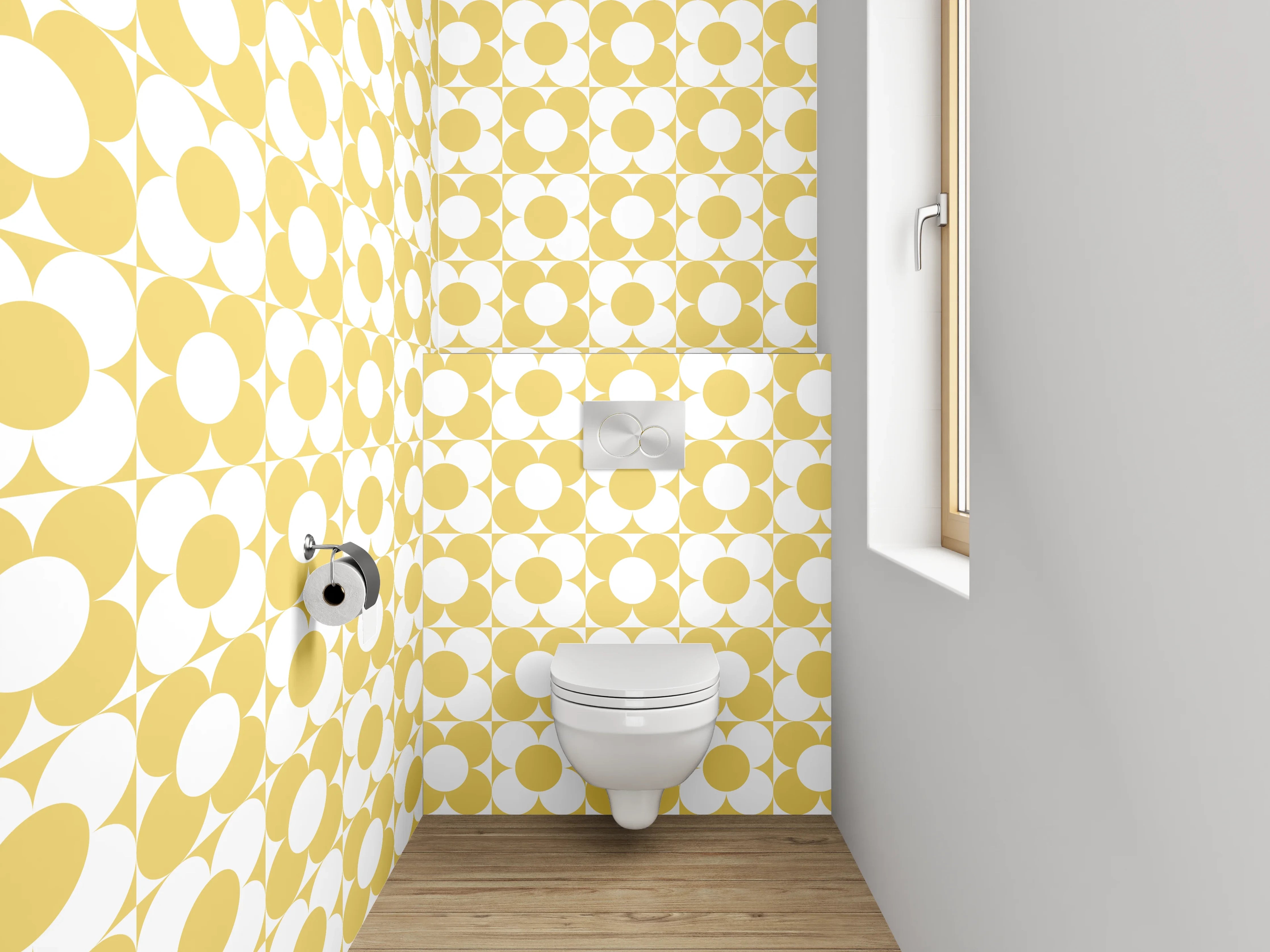 WC-Rückwand - Retro Kreismuster Gelb-Weiß Design