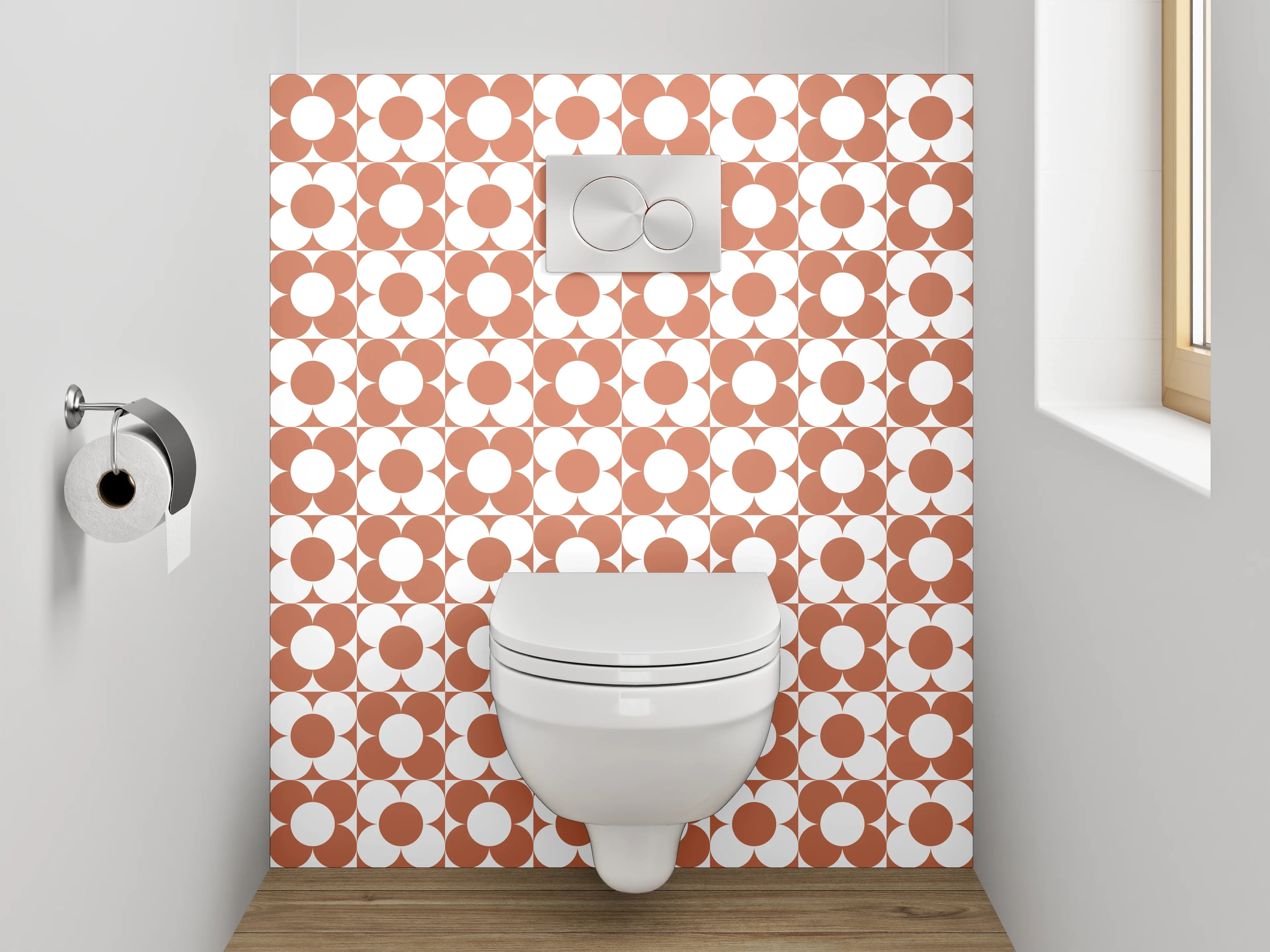 WC-Rückwand - Retro Kreismuster in Terrakotta Weiß