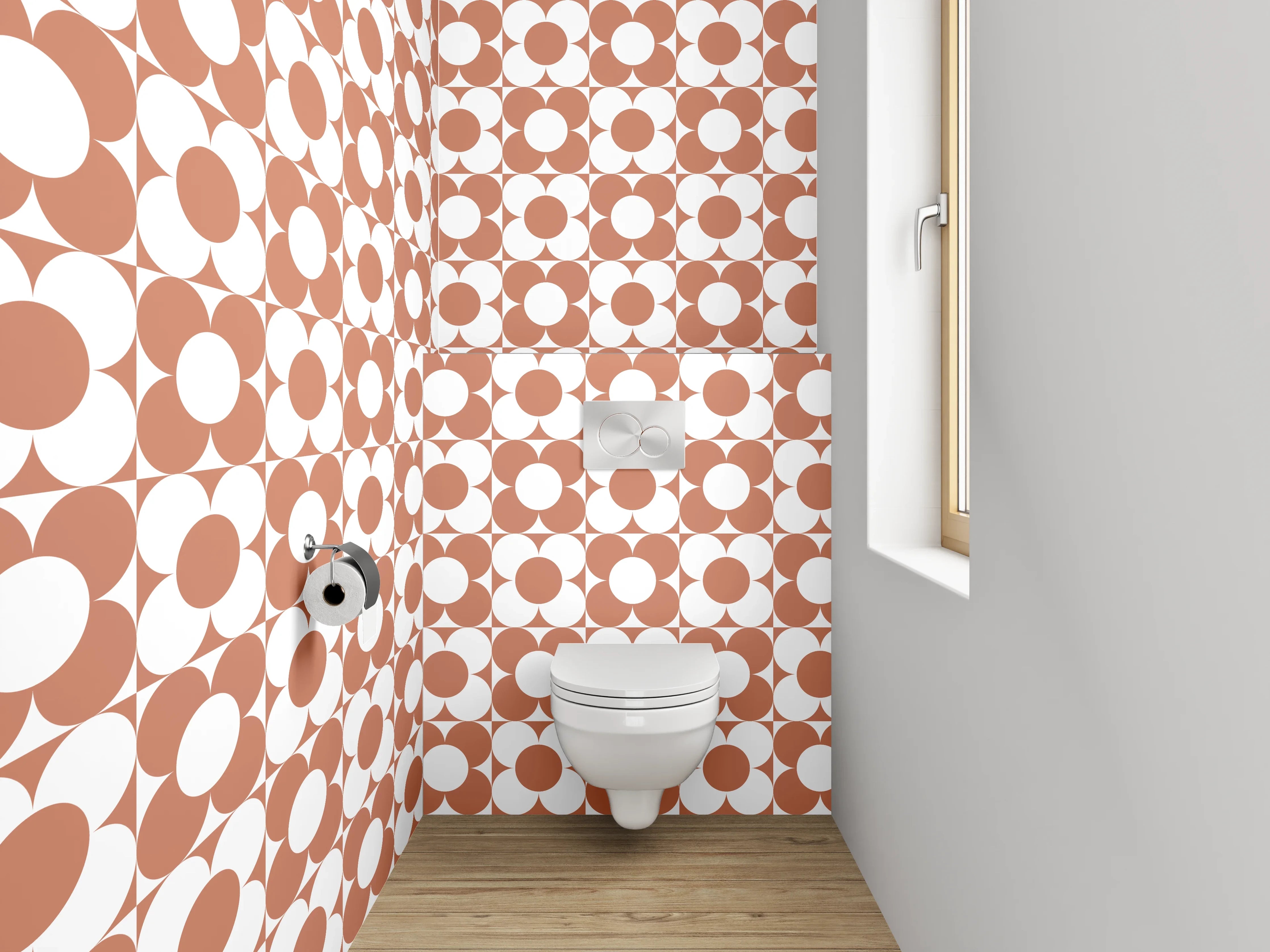 WC-Rückwand - Retro Kreismuster in Terrakotta Weiß