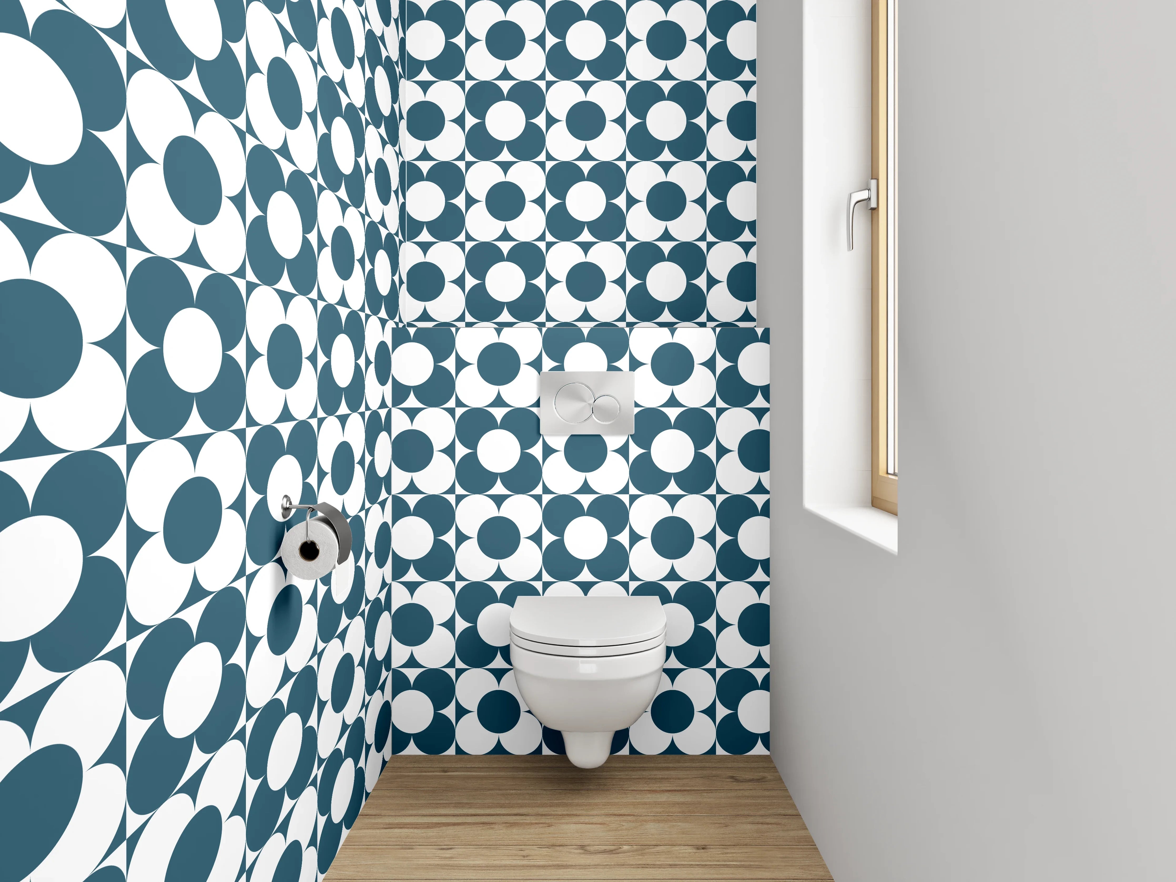 WC-Rückwand - Retro Mosaik Kreismuster Blau Weiß