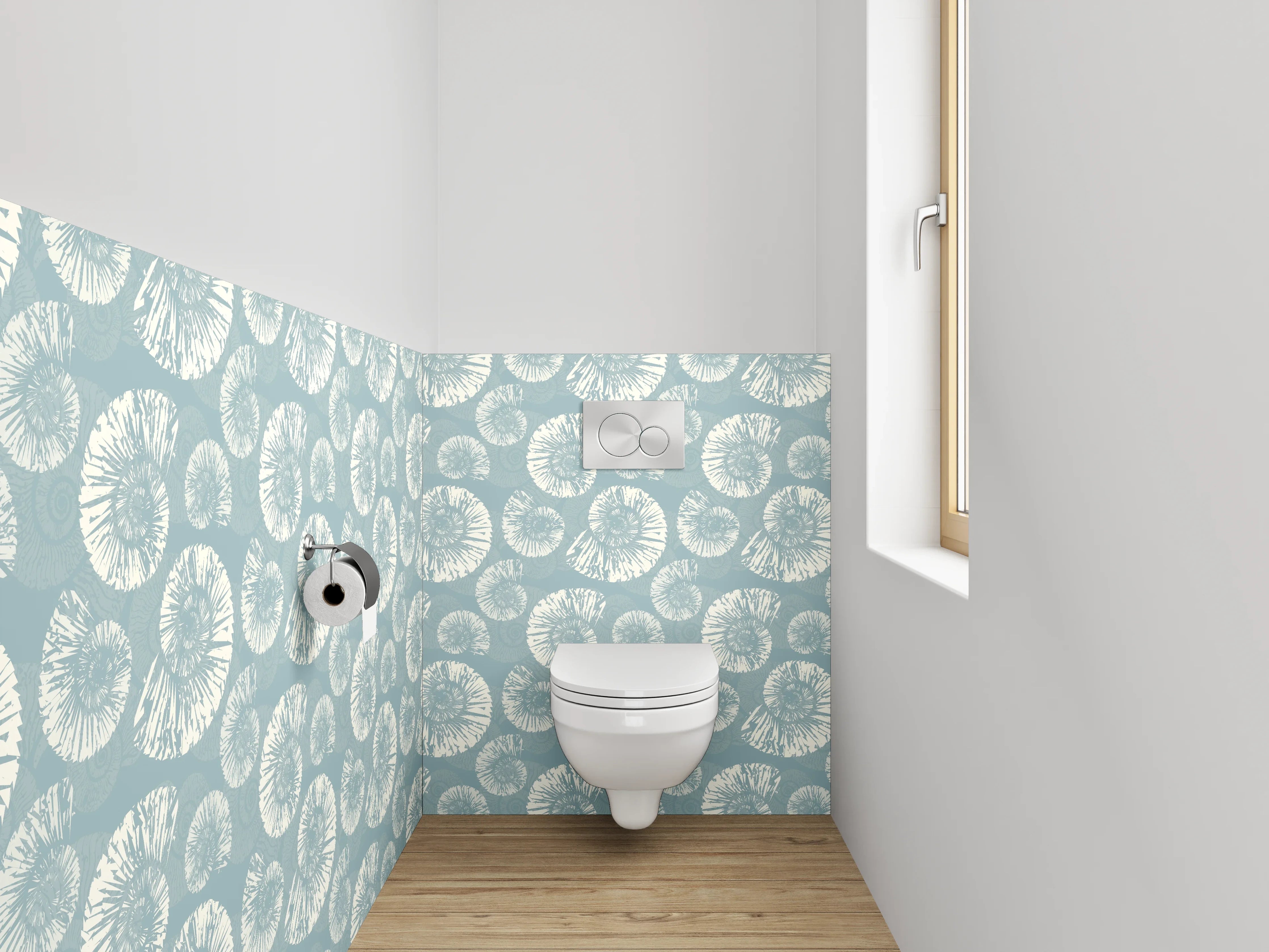 WC-Rückwand - Retro Muschel-Muster Tapete Blau Weiß