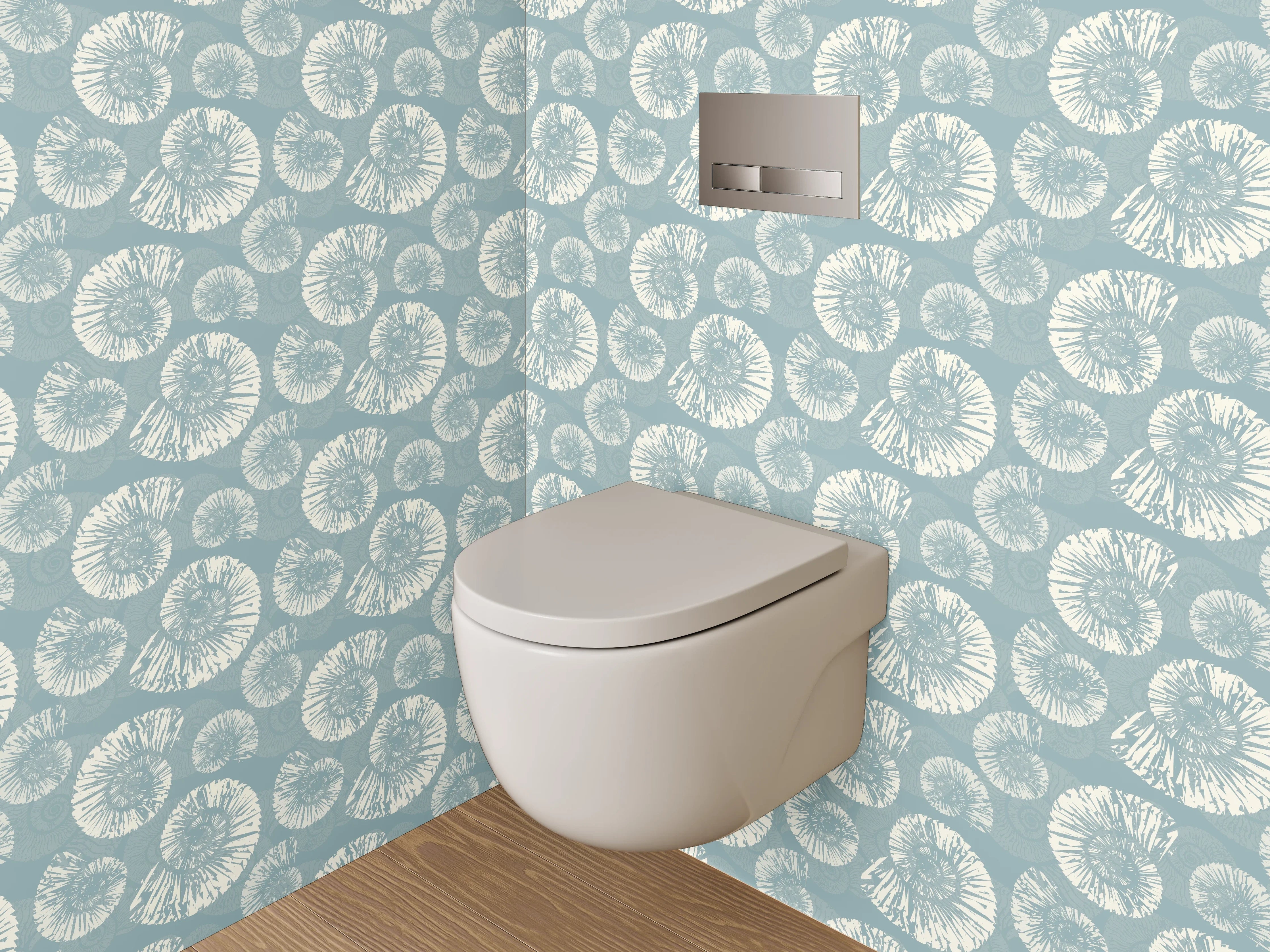 WC-Rückwand - Retro Muschel-Muster Tapete Blau Weiß