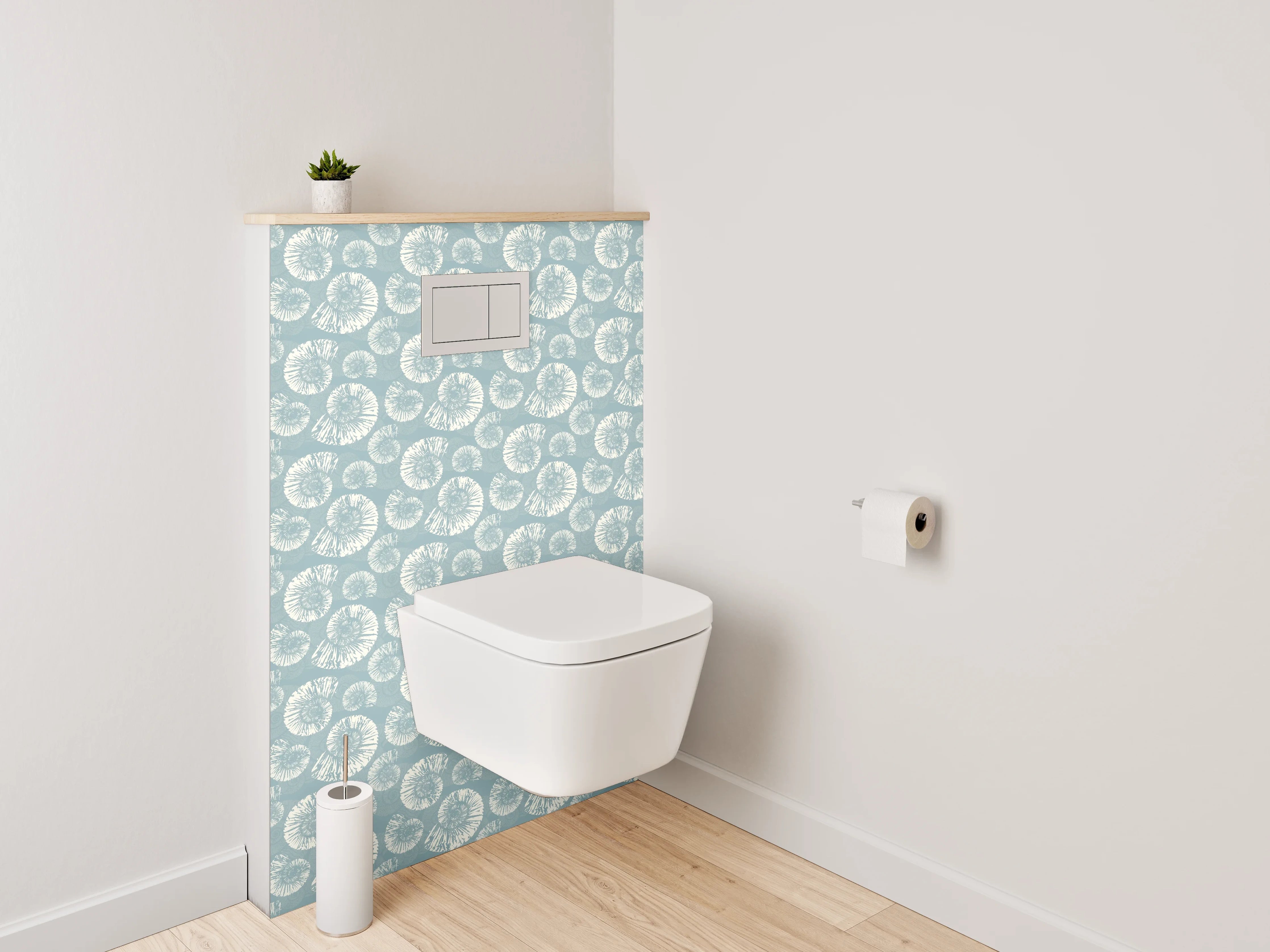 WC-Rückwand - Retro Muschel-Muster Tapete Blau Weiß