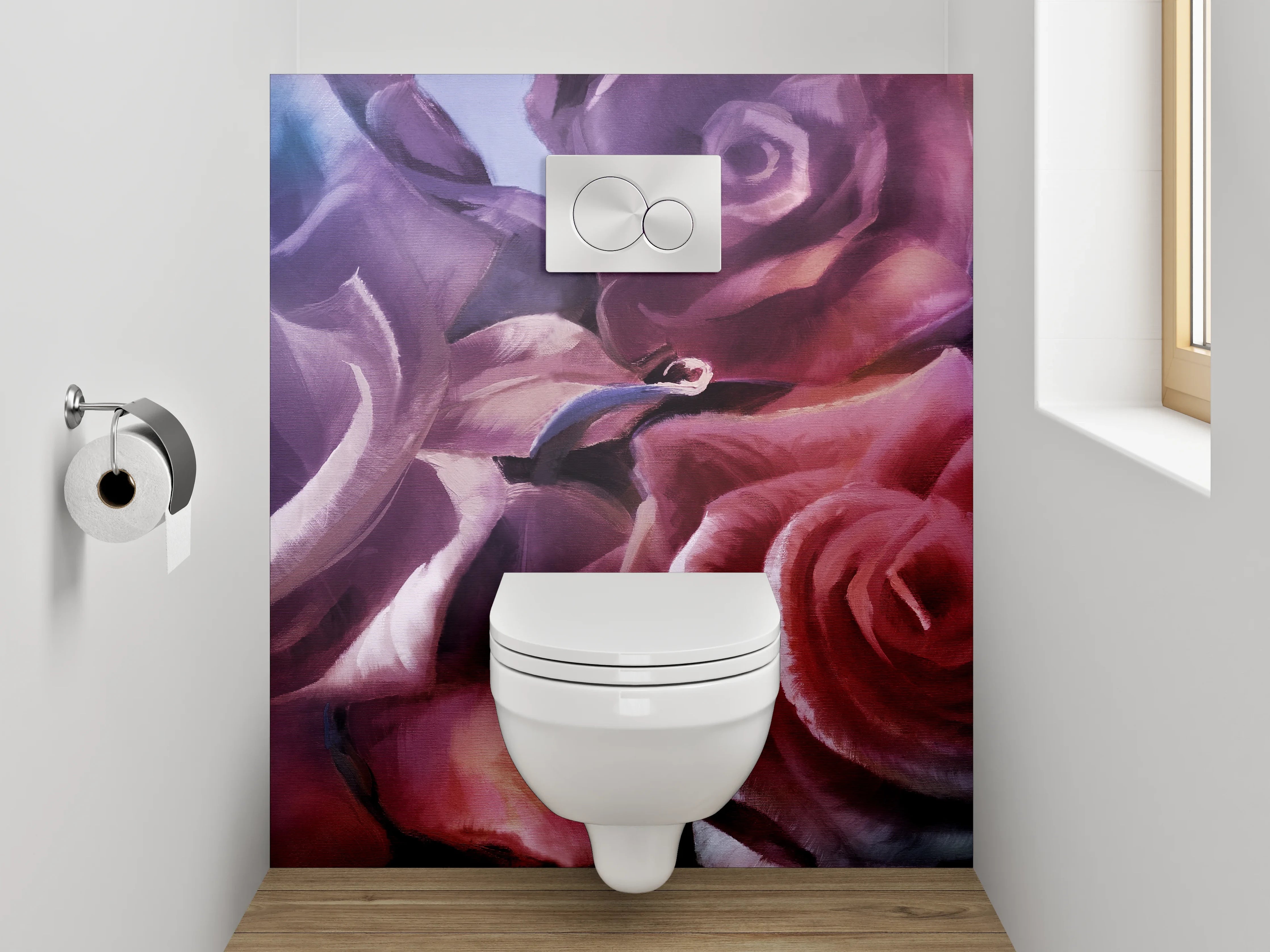 WC-Rückwand - Romantische Aquarellrosen auf violettem Grund