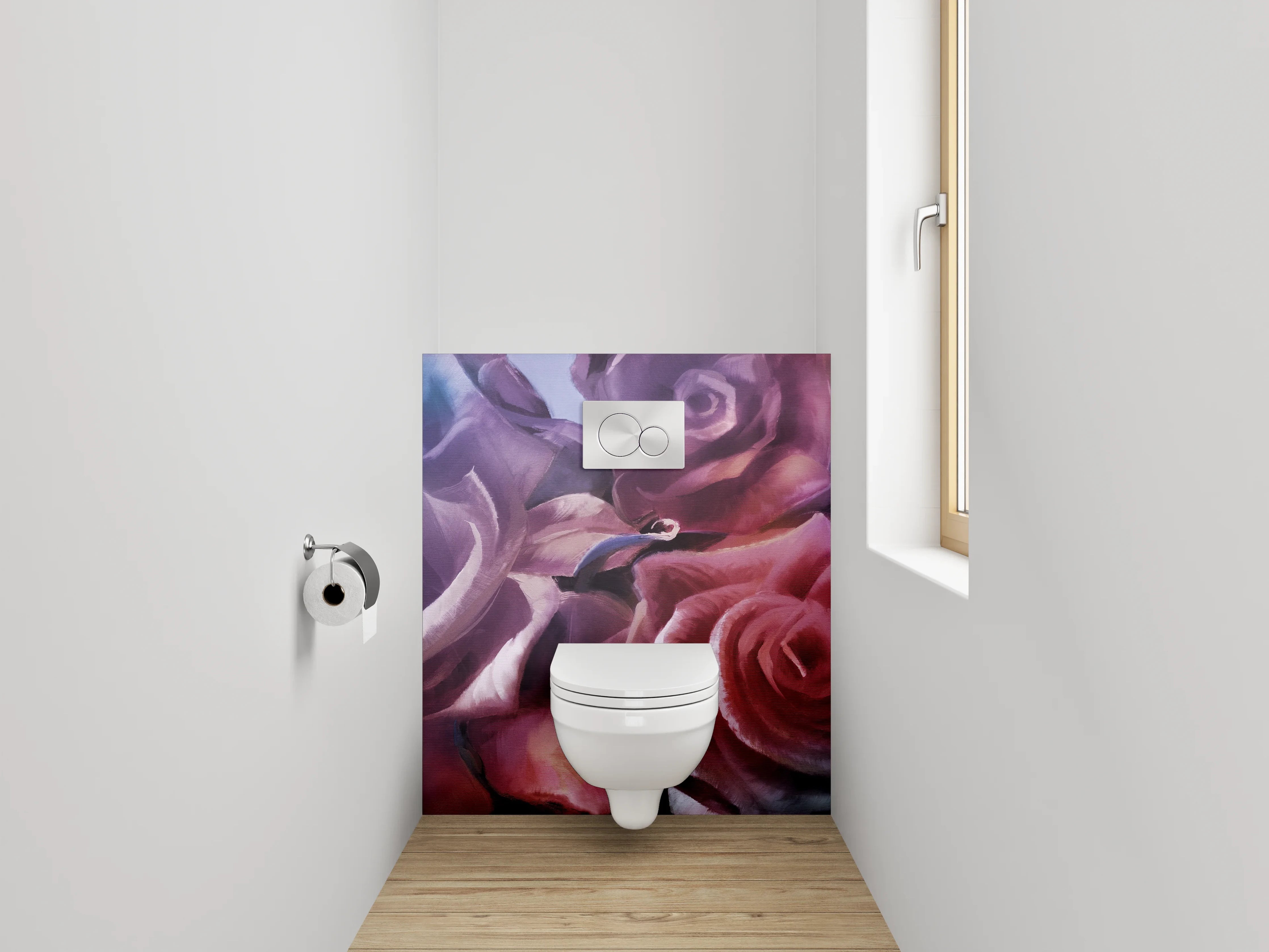 WC-Rückwand - Romantische Aquarellrosen auf violettem Grund
