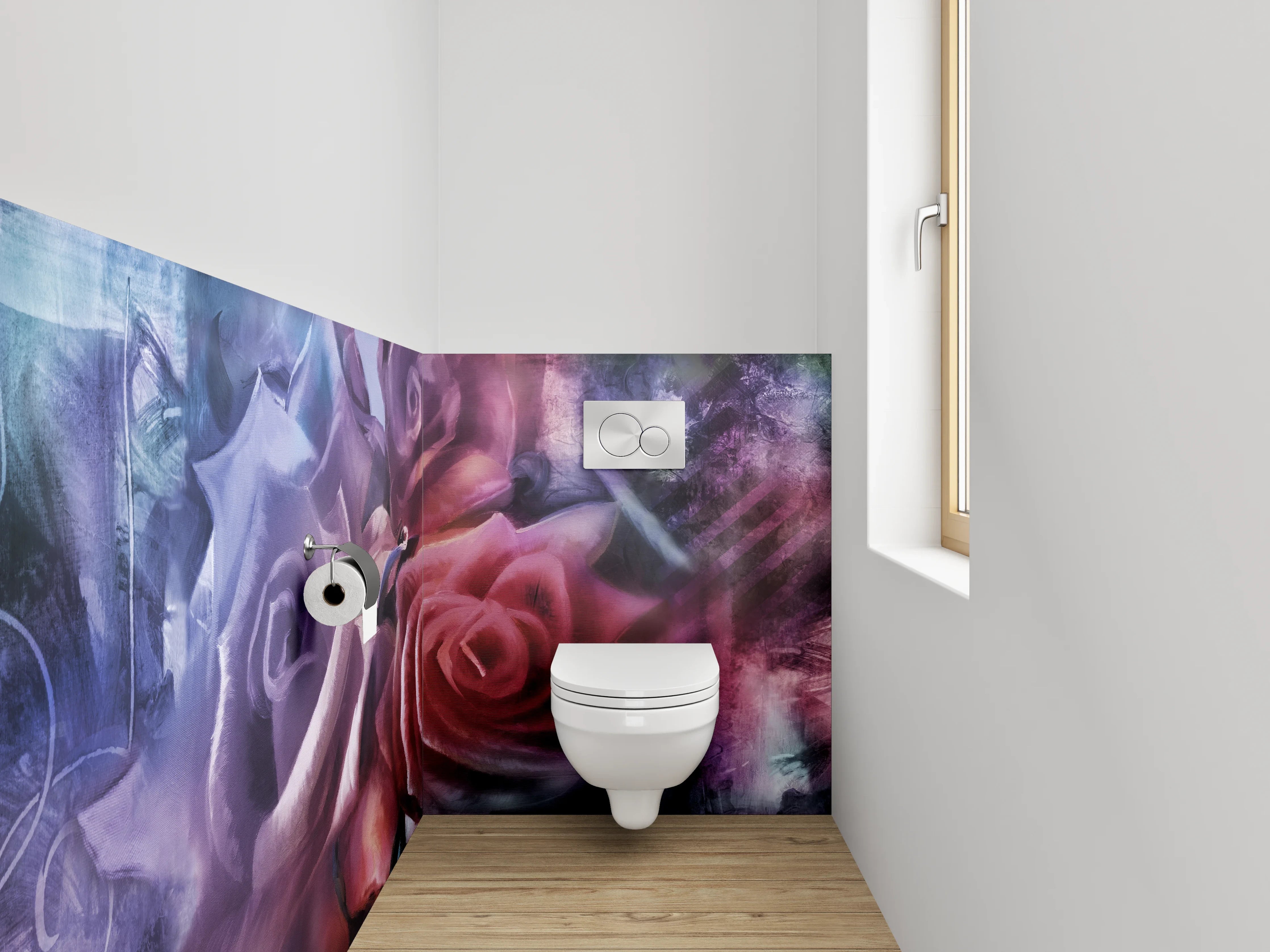 WC-Rückwand - Romantische Aquarellrosen auf violettem Grund