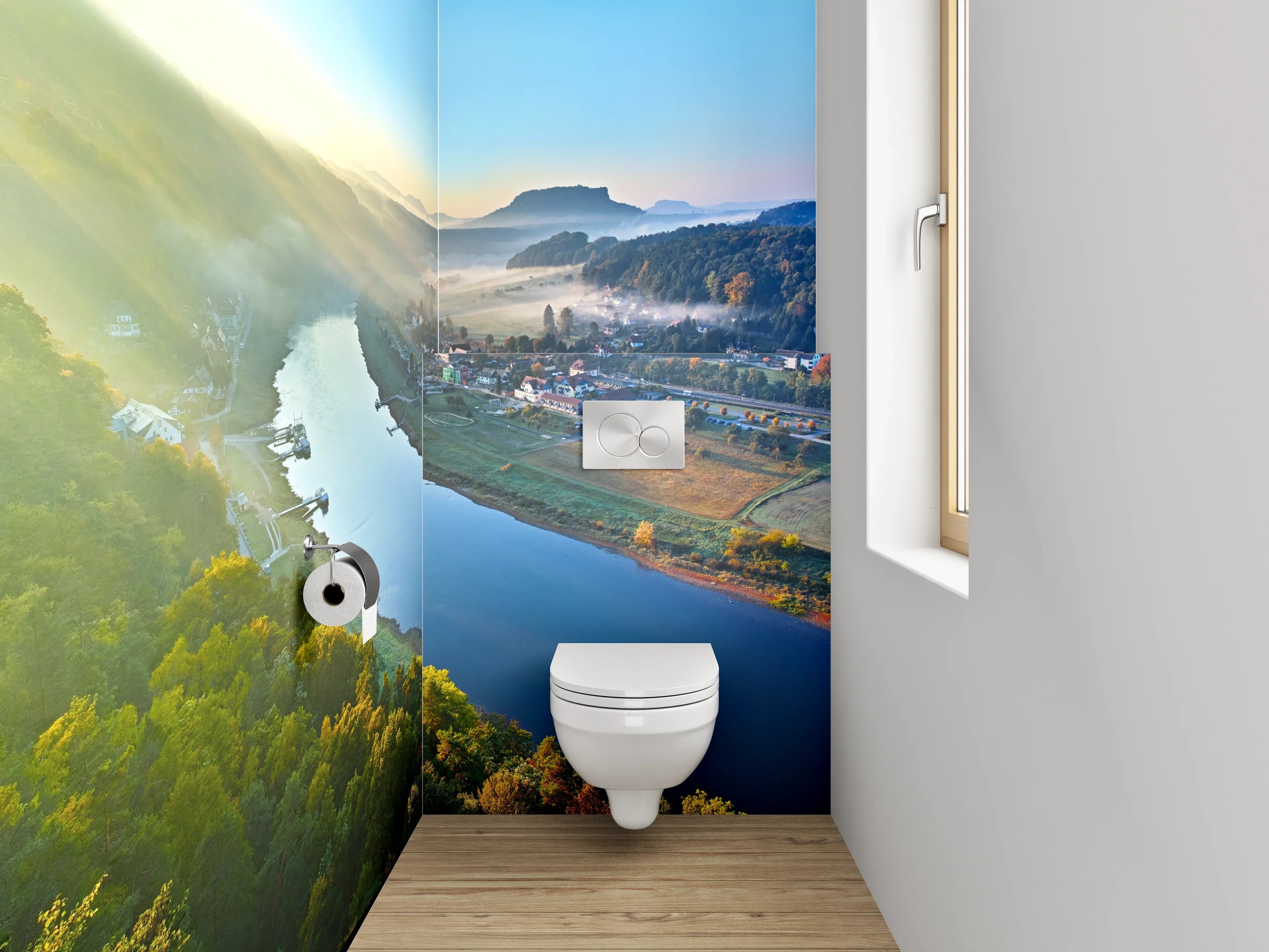 WC-Rückwand - Romantische Flusslandschaft im Morgenlicht