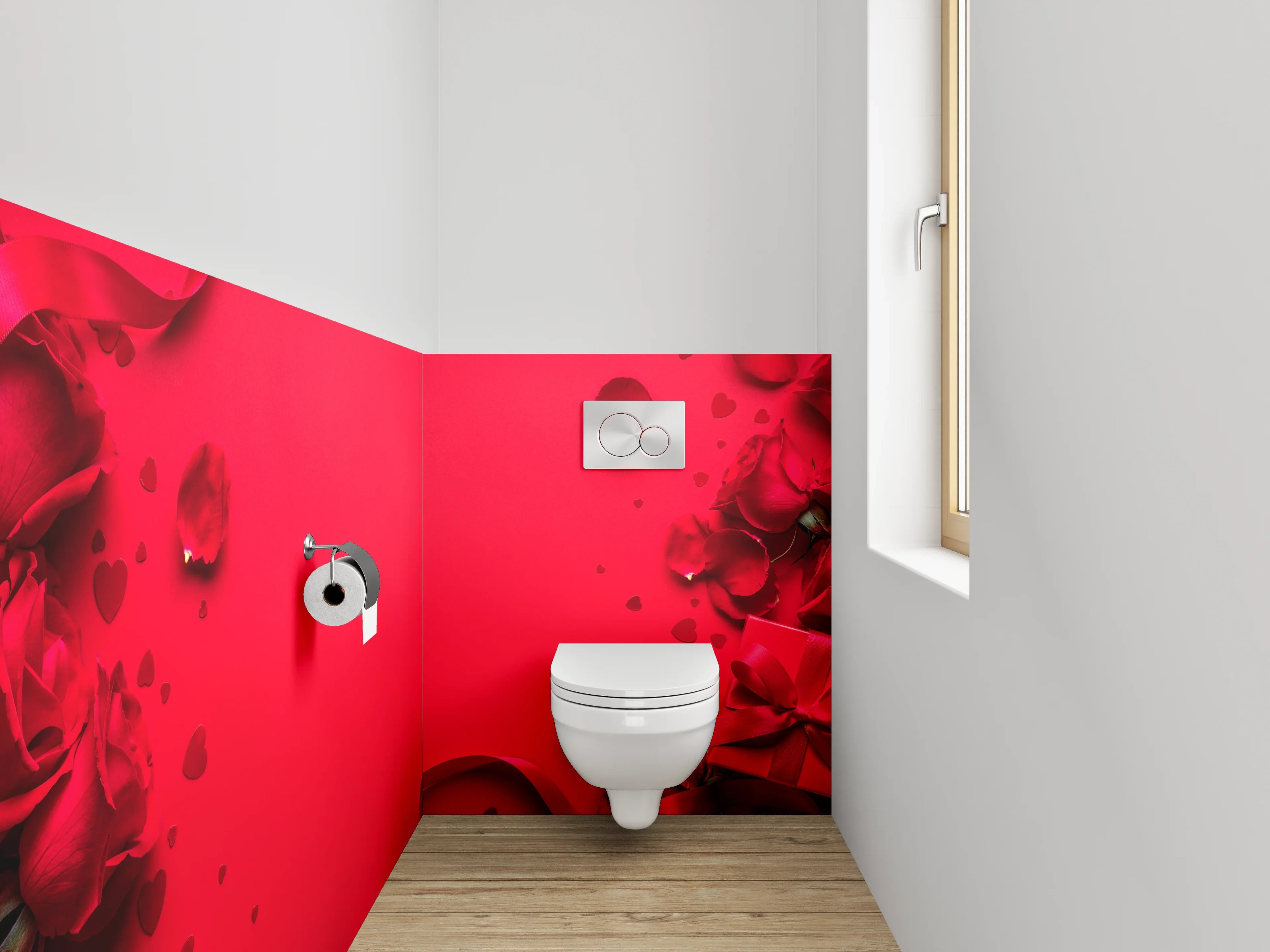 WC-Rückwand - Romantische Rosenblätter auf Rot