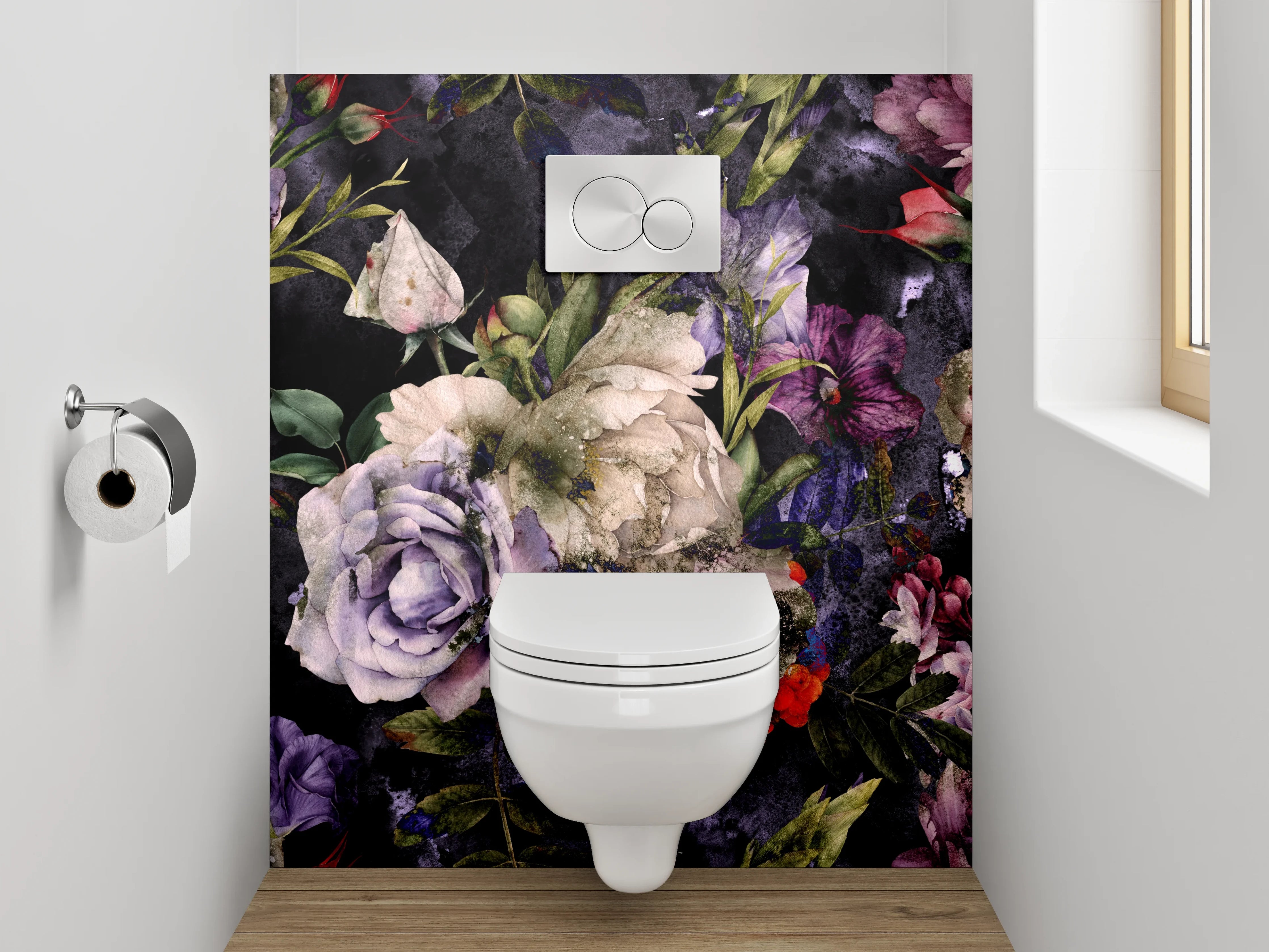 WC-Rückwand - Romantische Vintage-Blumen auf dunklem Grund