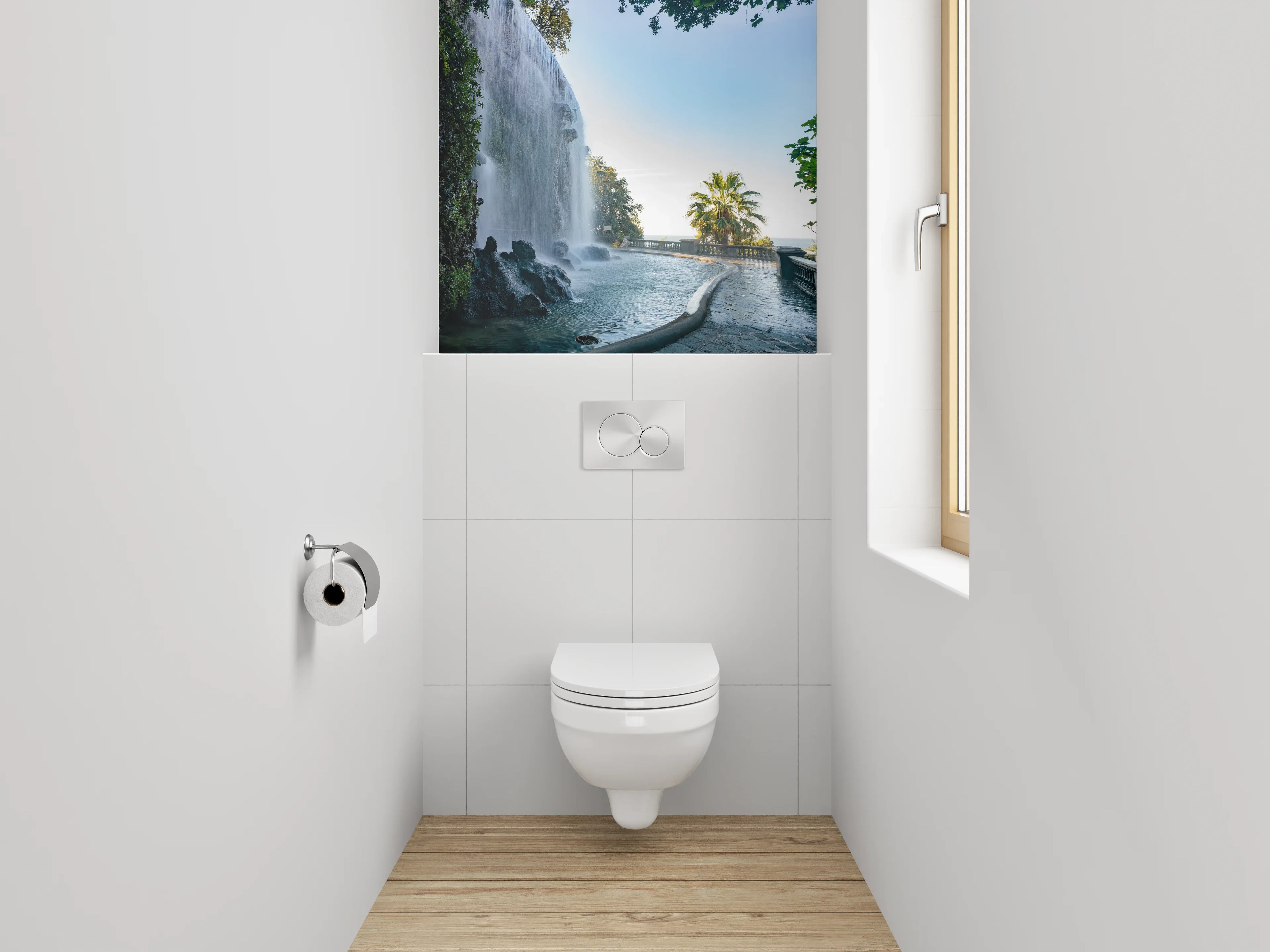 WC-Rückwand - Romantischer Wasserfall mit Palmenblick