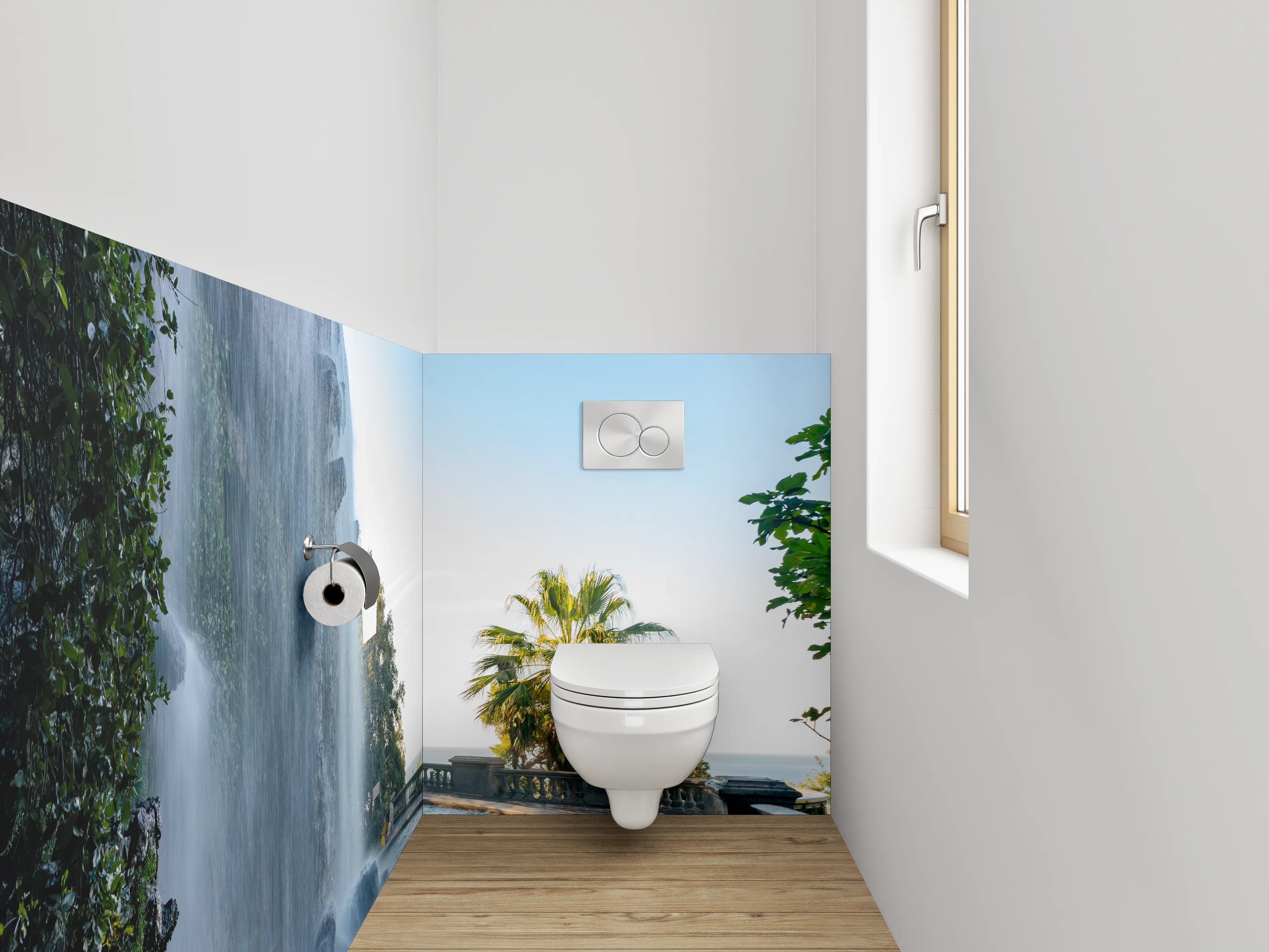 WC-Rückwand - Romantischer Wasserfall mit Palmenblick
