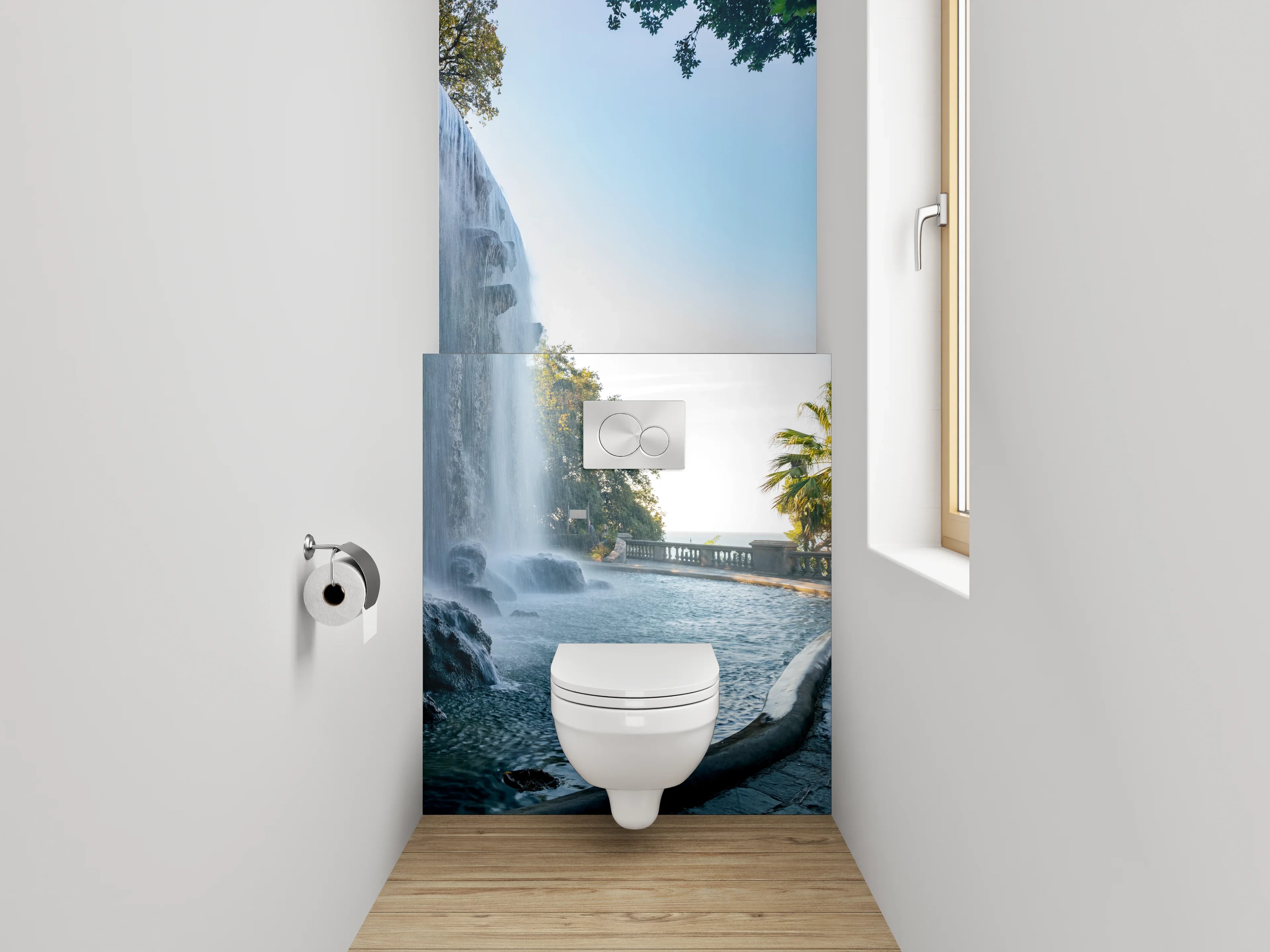 WC-Rückwand - Romantischer Wasserfall mit Palmenblick