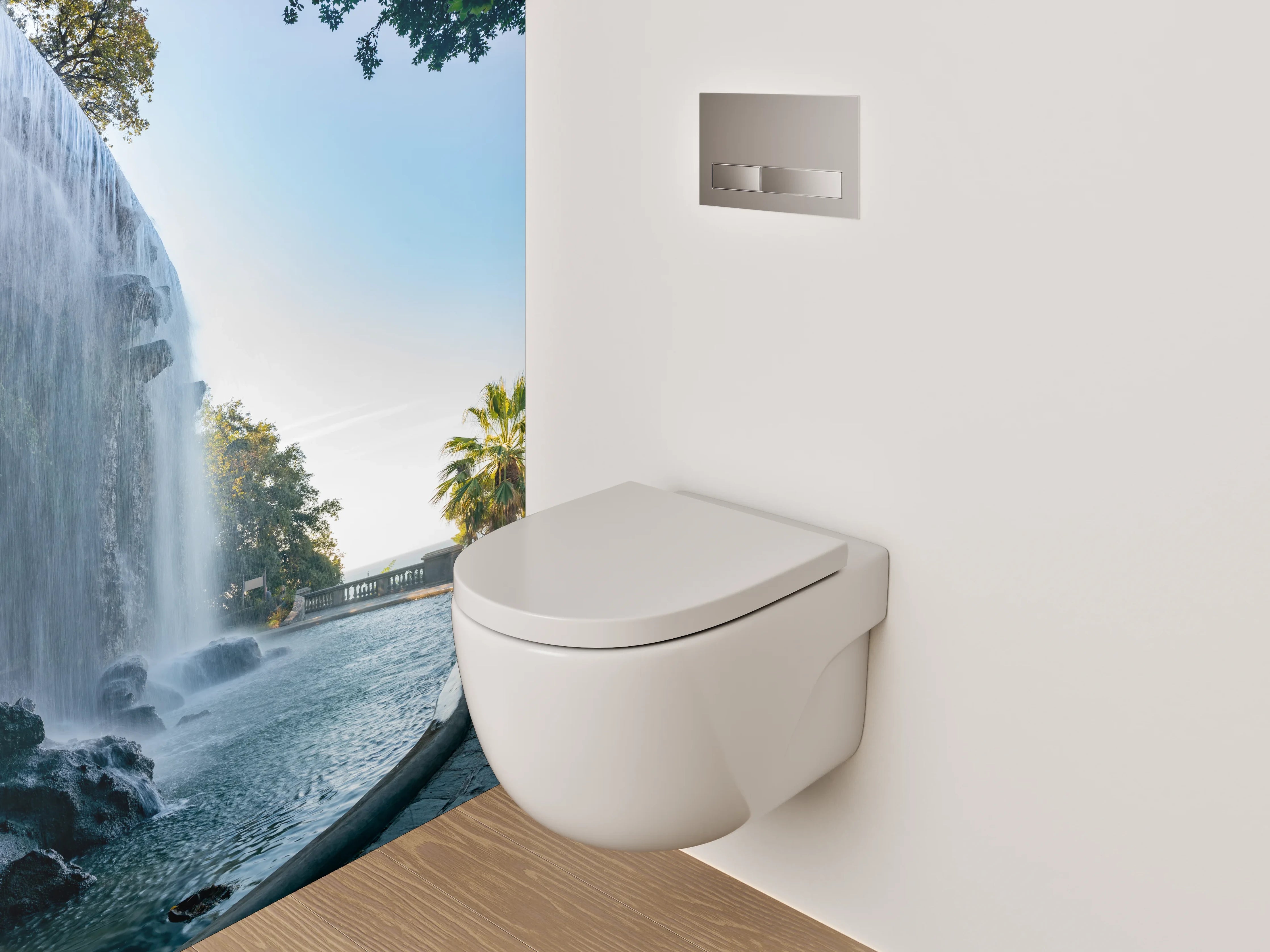 WC-Rückwand - Romantischer Wasserfall mit Palmenblick