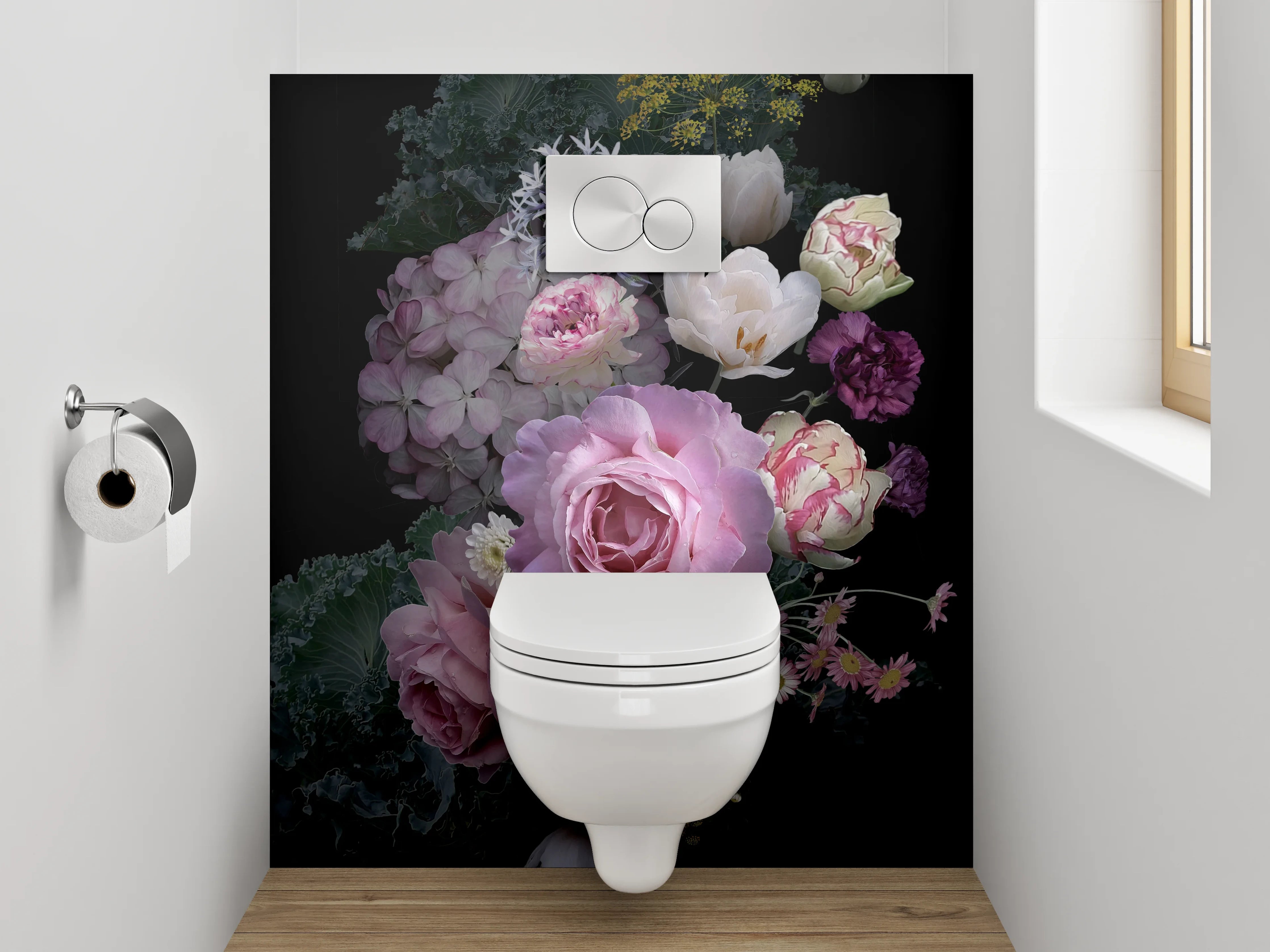 WC-Rückwand - Romantisches Blumenbouquet auf Schwarz