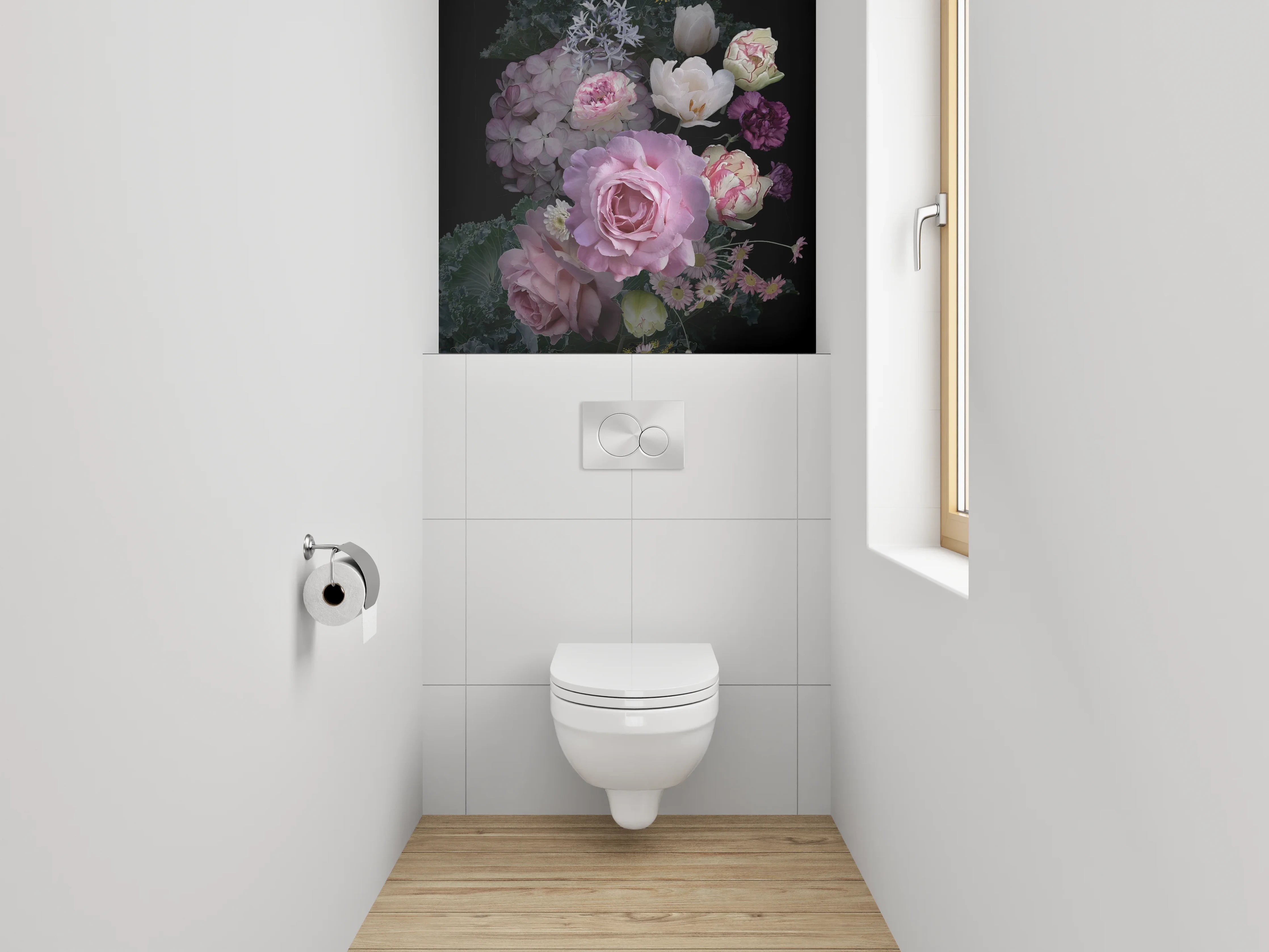 WC-Rückwand - Romantisches Blumenbouquet auf Schwarz