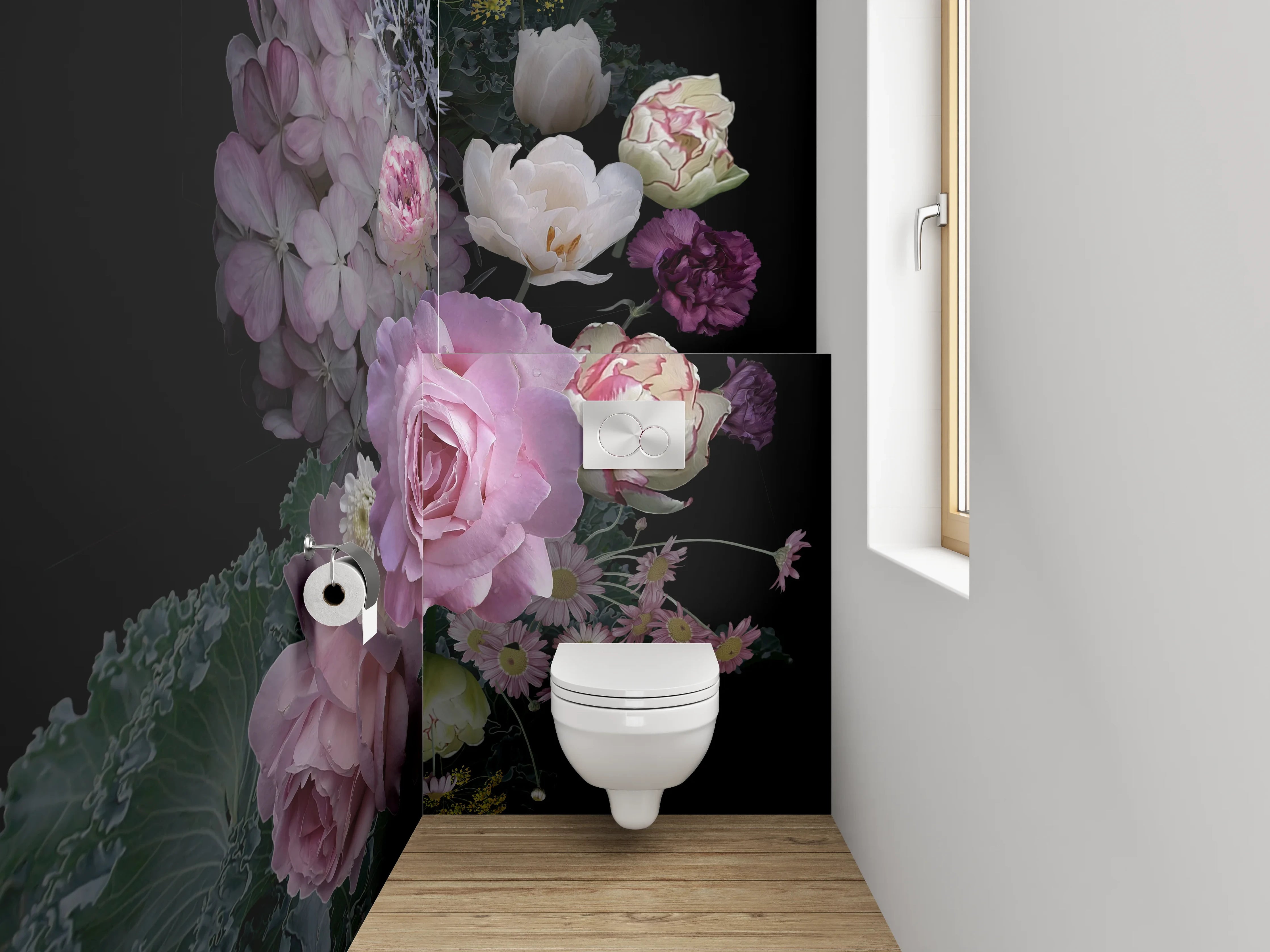 WC-Rückwand - Romantisches Blumenbouquet auf Schwarz