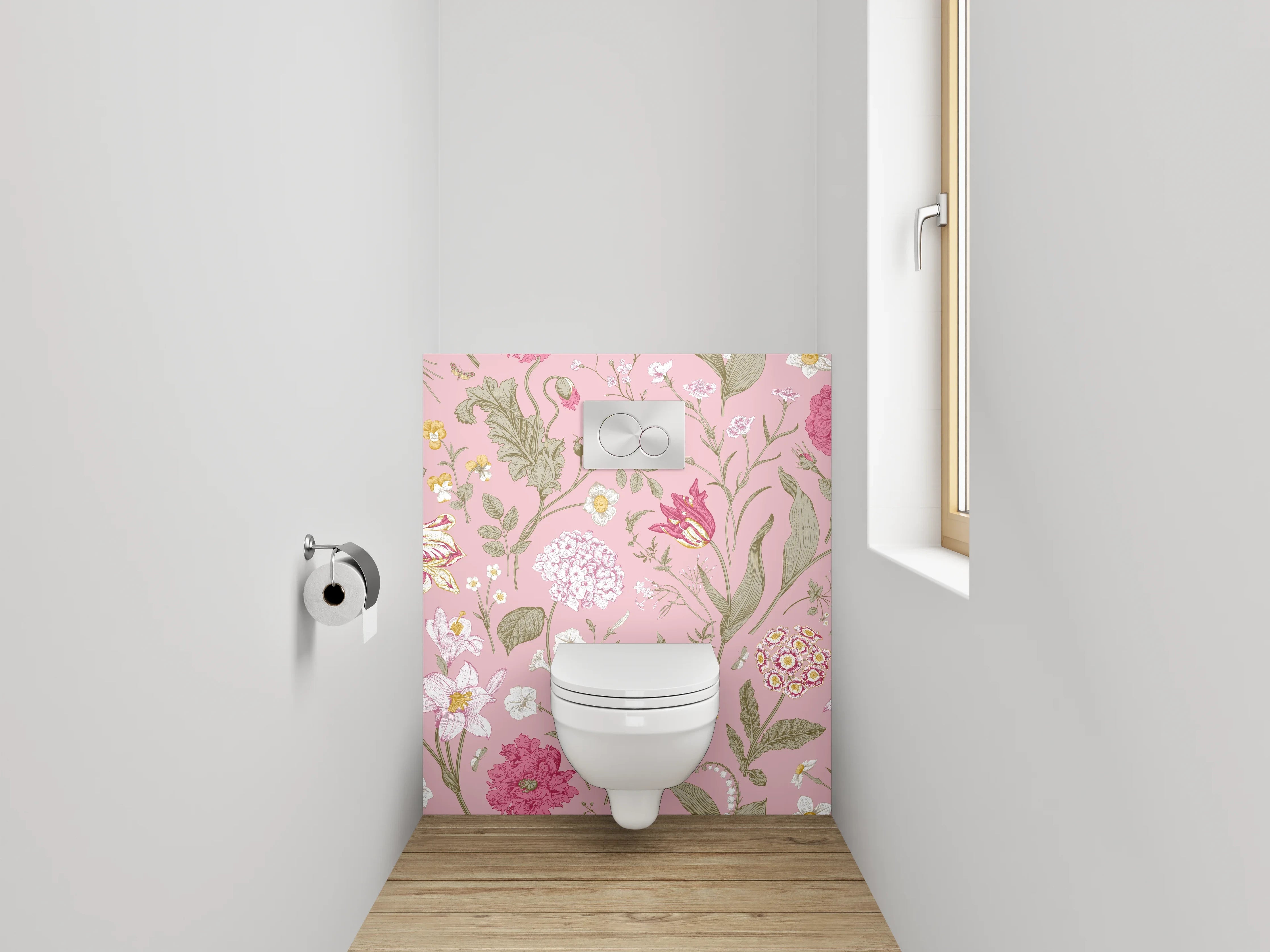 WC-Rückwand - Romantisches Blumenmuster auf Rosa