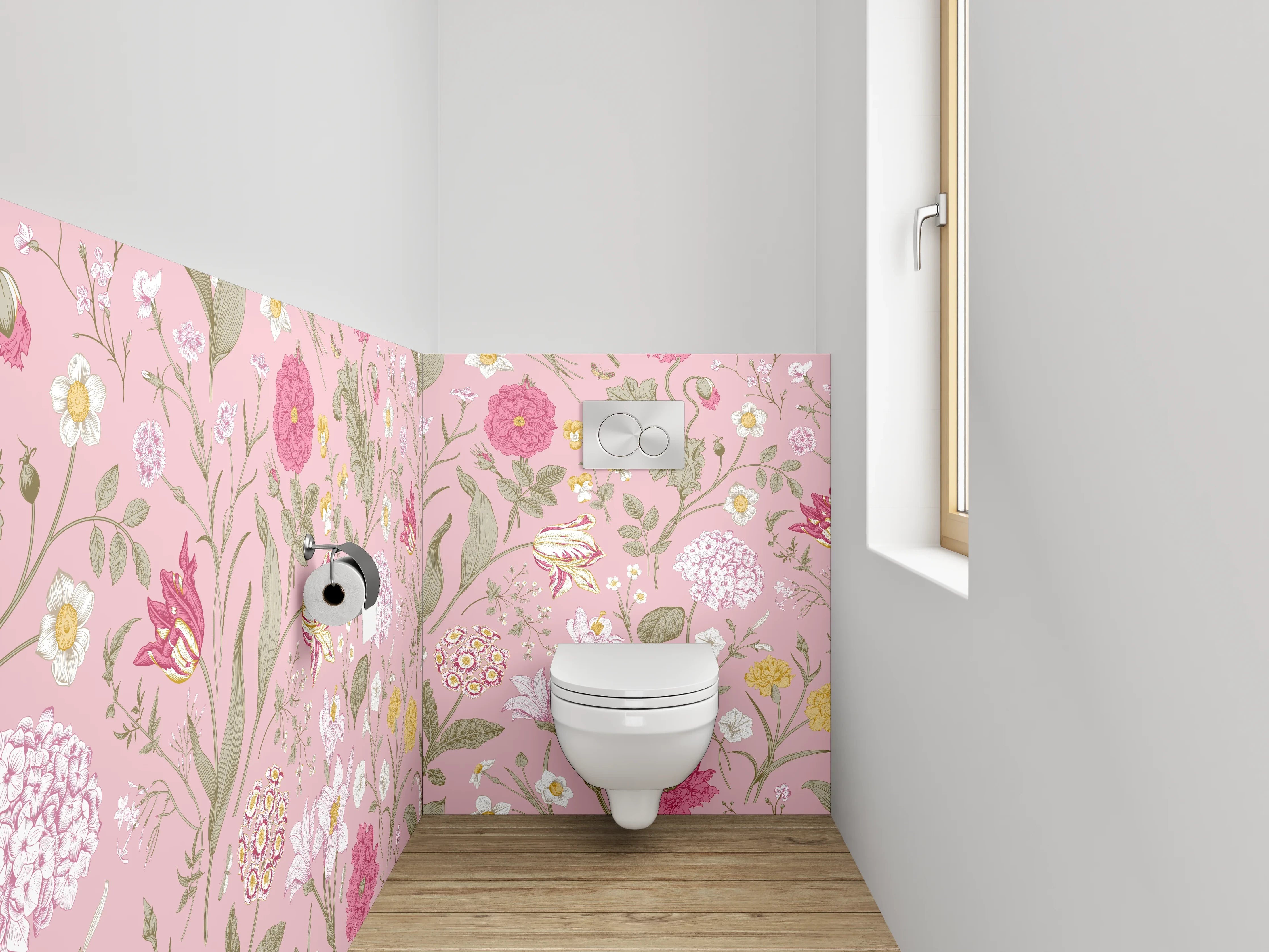 WC-Rückwand - Romantisches Blumenmuster auf Rosa