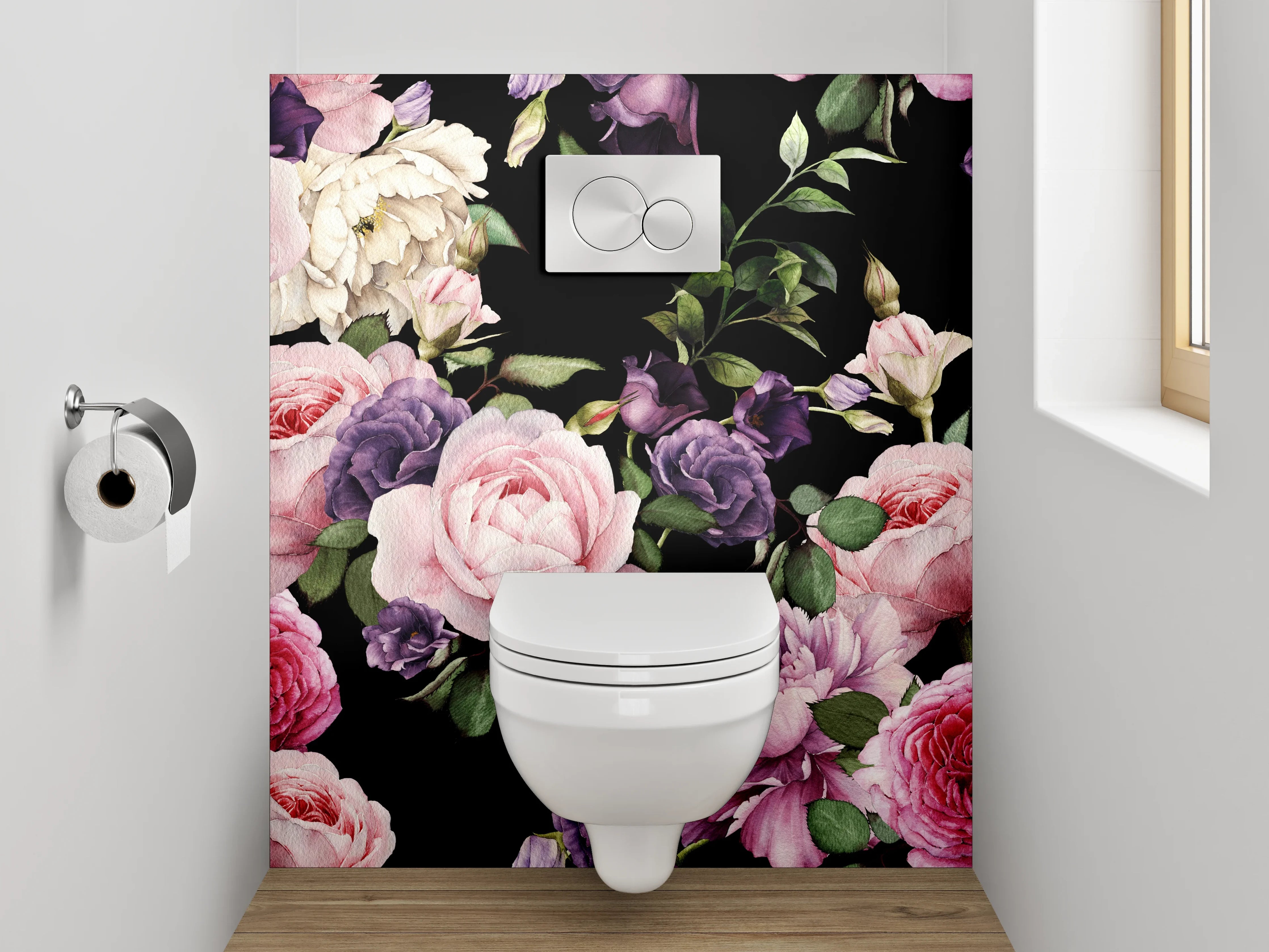 WC-Rückwand - Romantisches Blumenmuster auf Schwarz