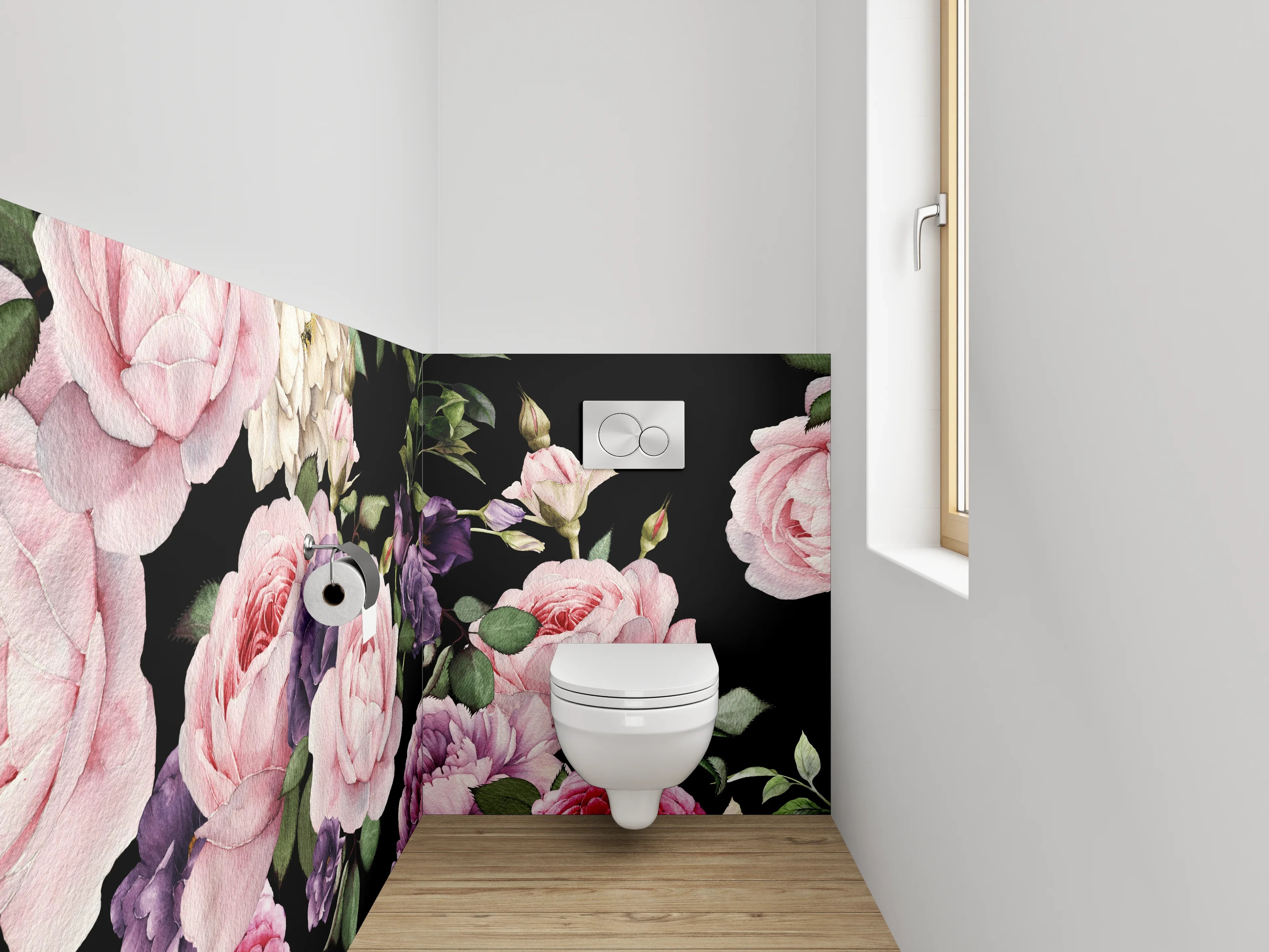 WC-Rückwand - Romantisches Blumenmuster auf Schwarz