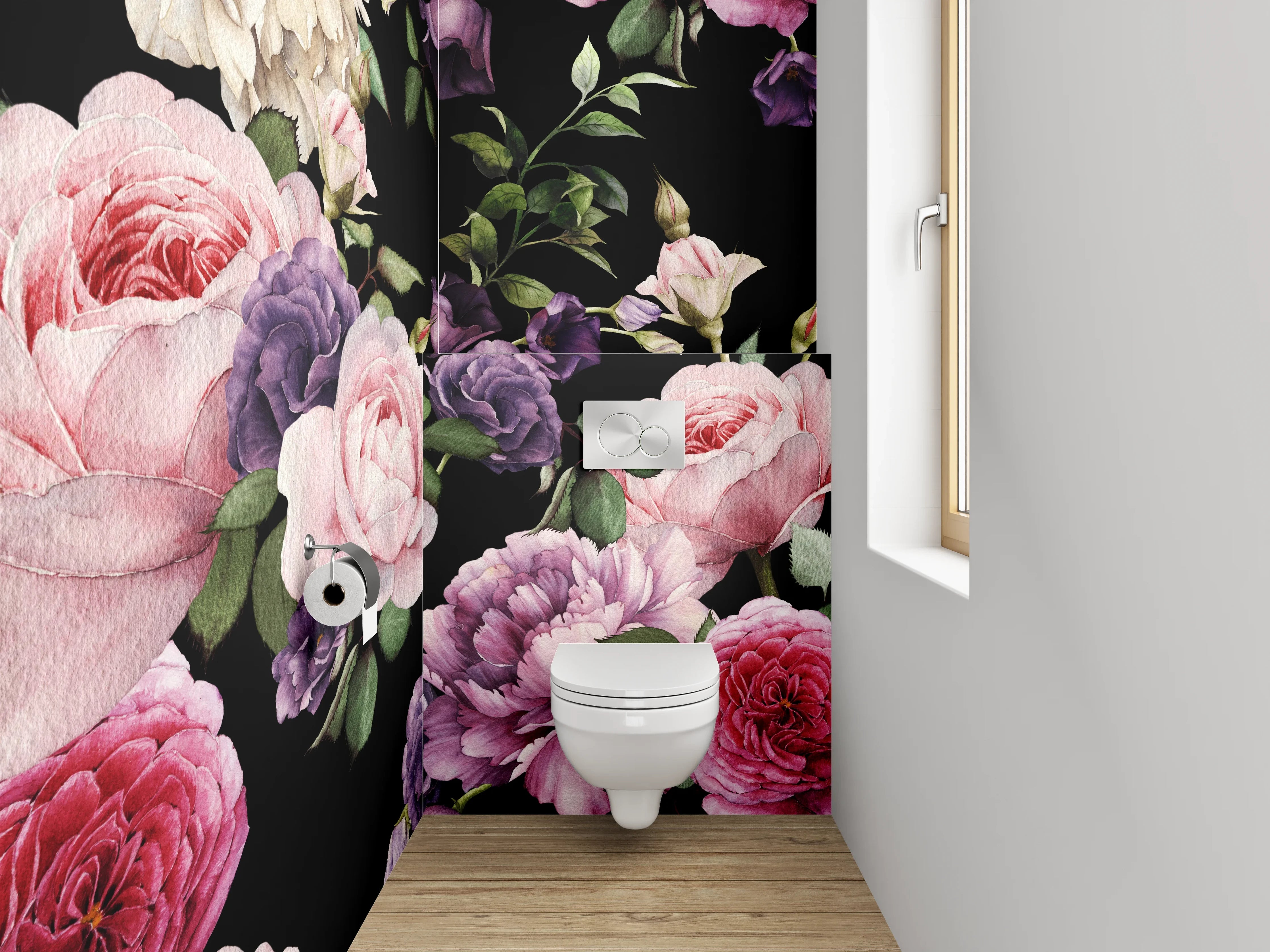 WC-Rückwand - Romantisches Blumenmuster auf Schwarz