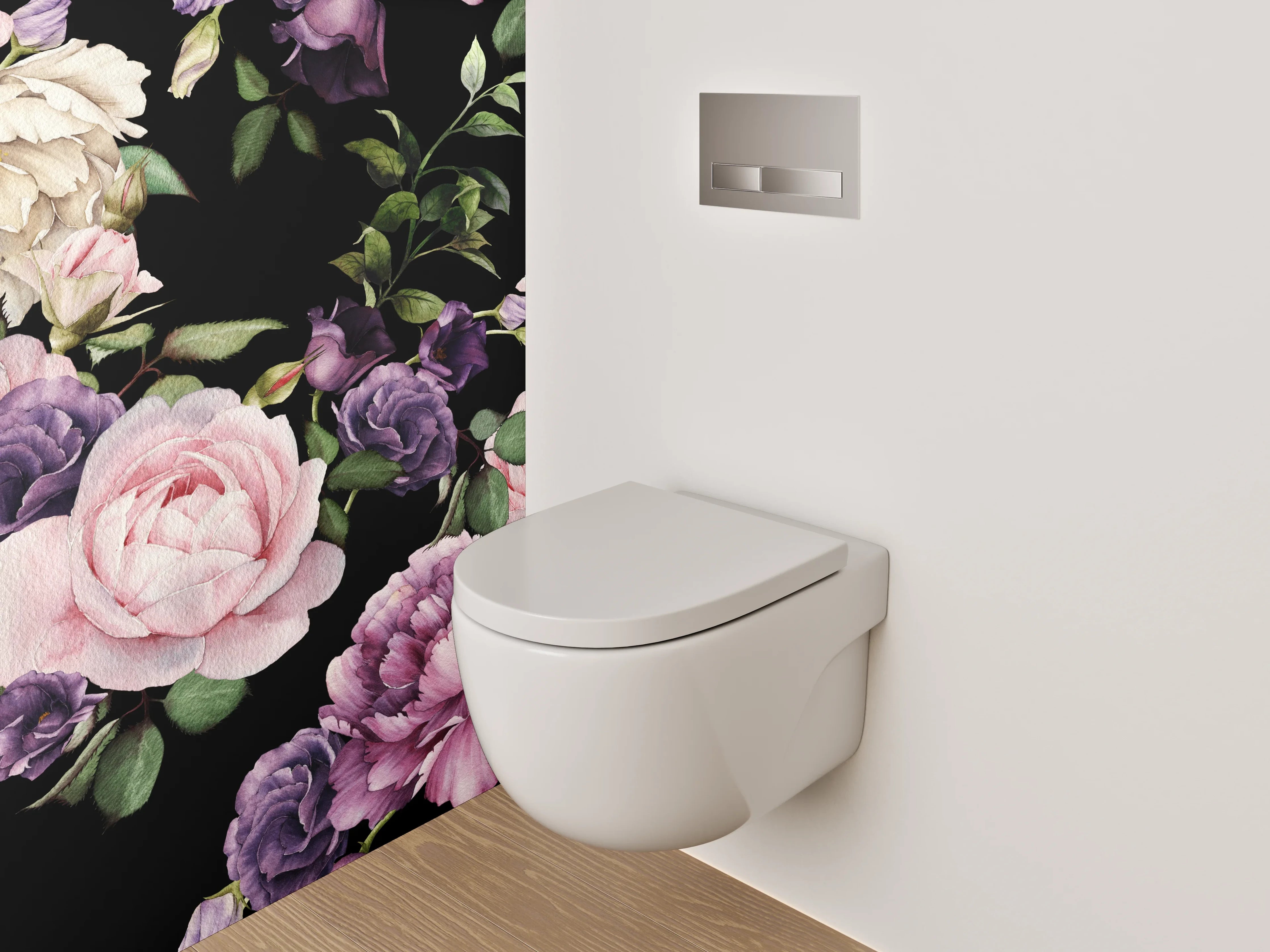 WC-Rückwand - Romantisches Blumenmuster auf Schwarz