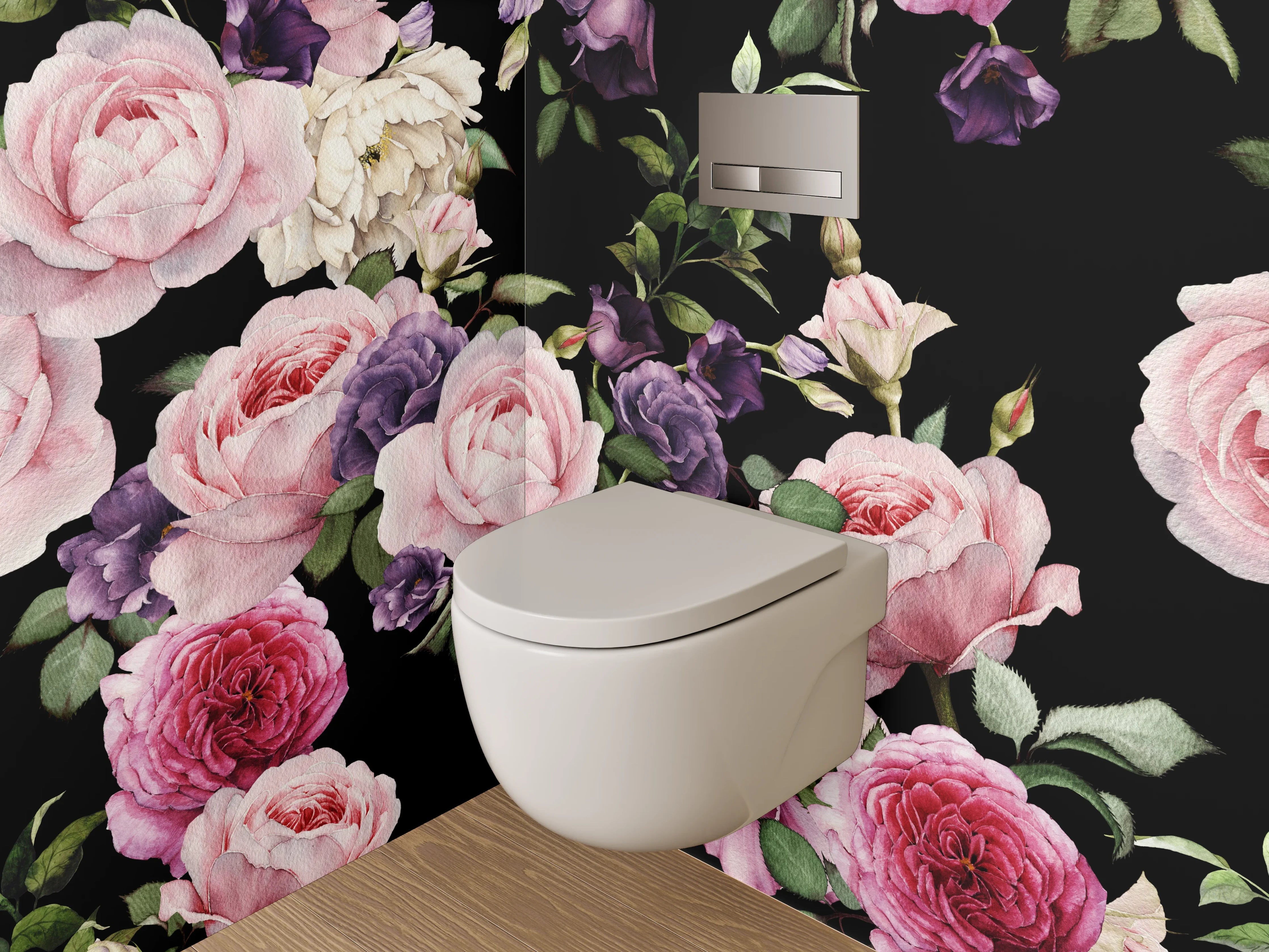 WC-Rückwand - Romantisches Blumenmuster auf Schwarz