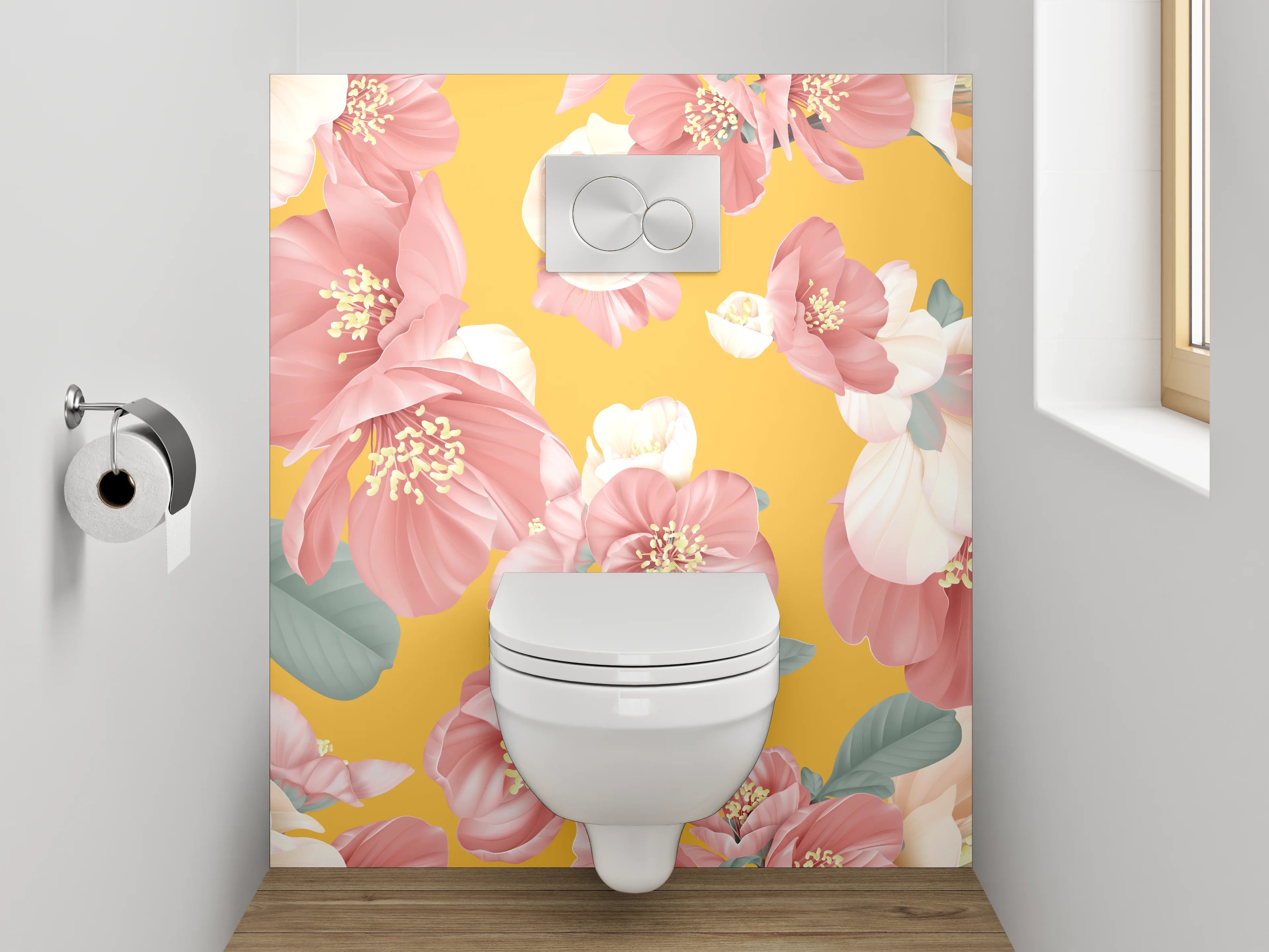 WC-Rückwand - Rosa Blumen Aquarell auf Gelb