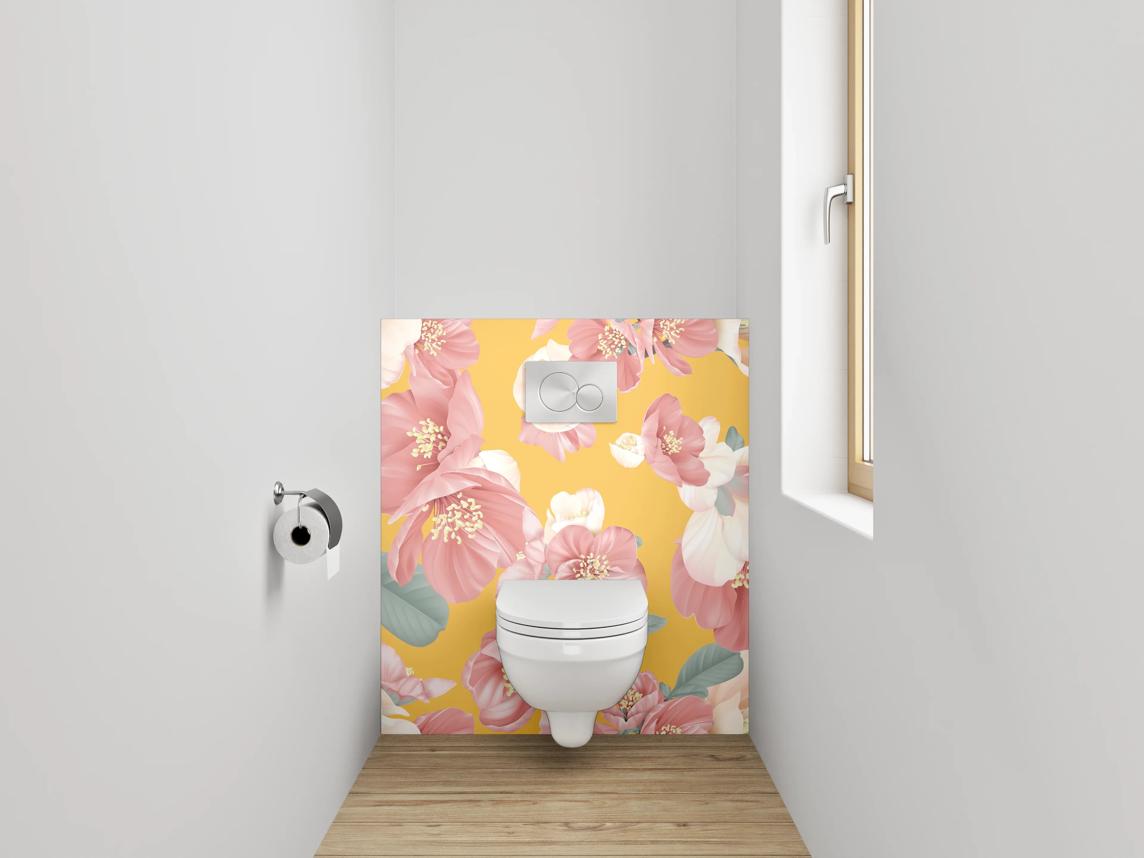 WC-Rückwand - Rosa Blumen Aquarell auf Gelb
