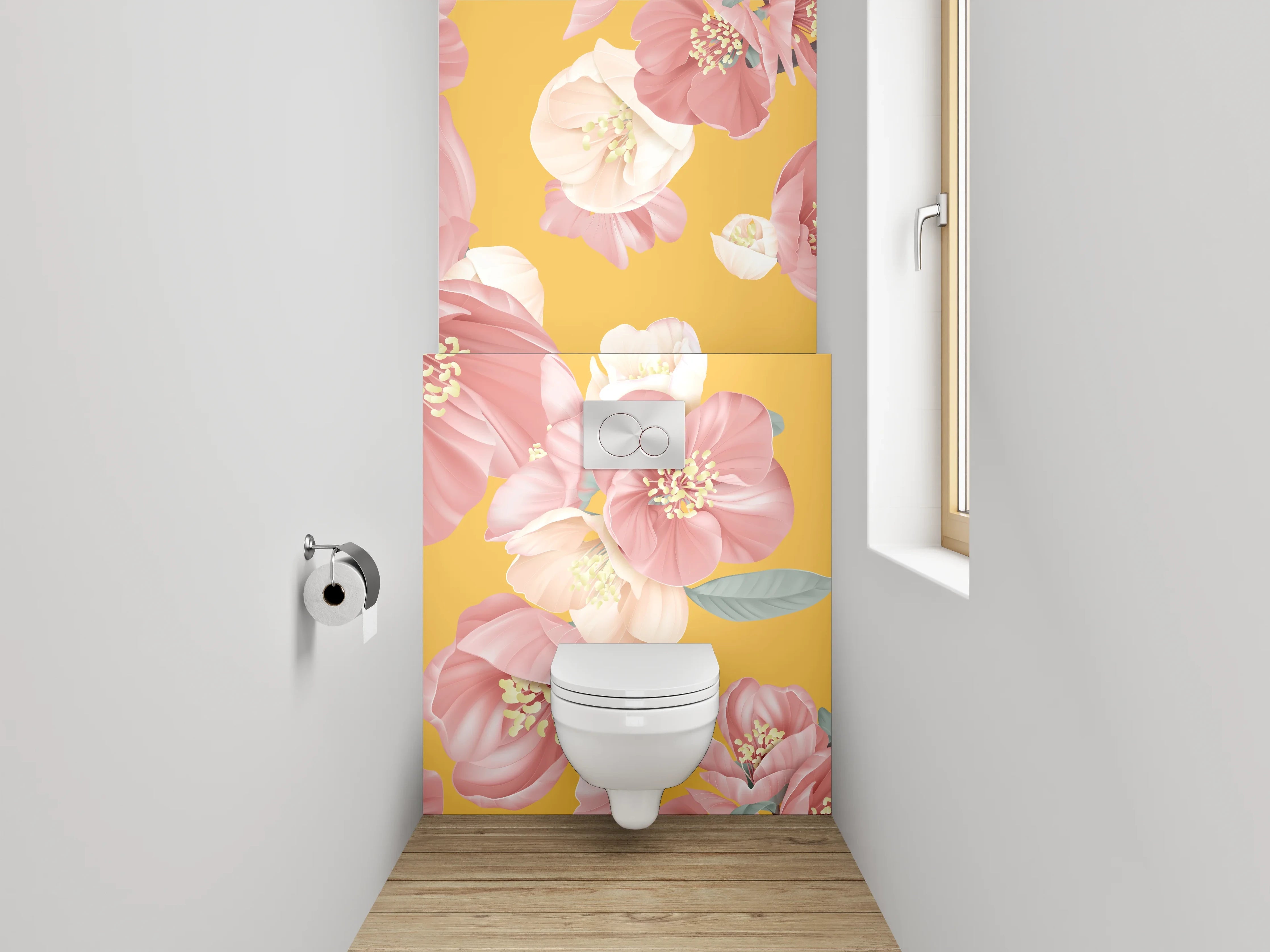 WC-Rückwand - Rosa Blumen Aquarell auf Gelb