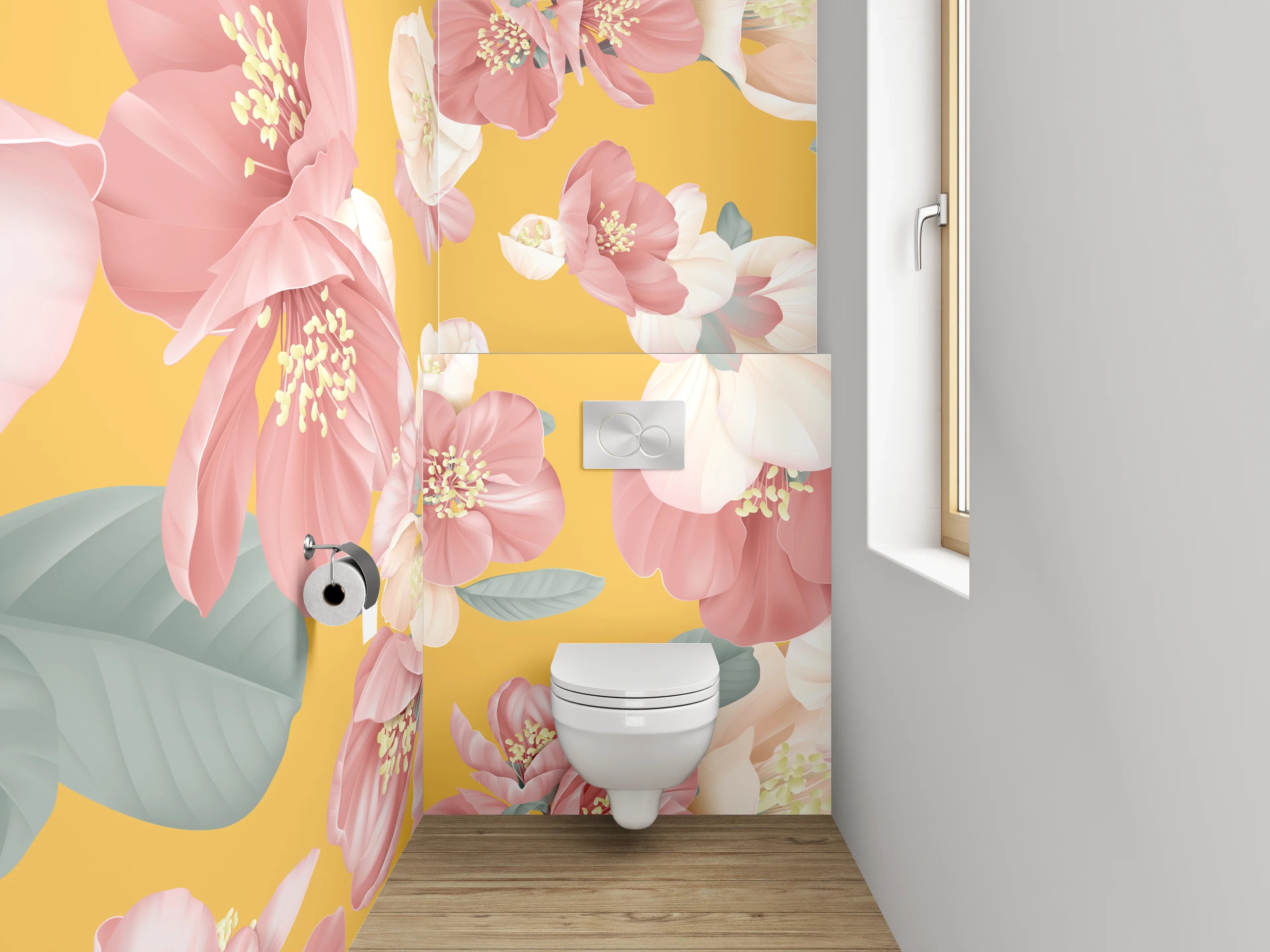 WC-Rückwand - Rosa Blumen Aquarell auf Gelb