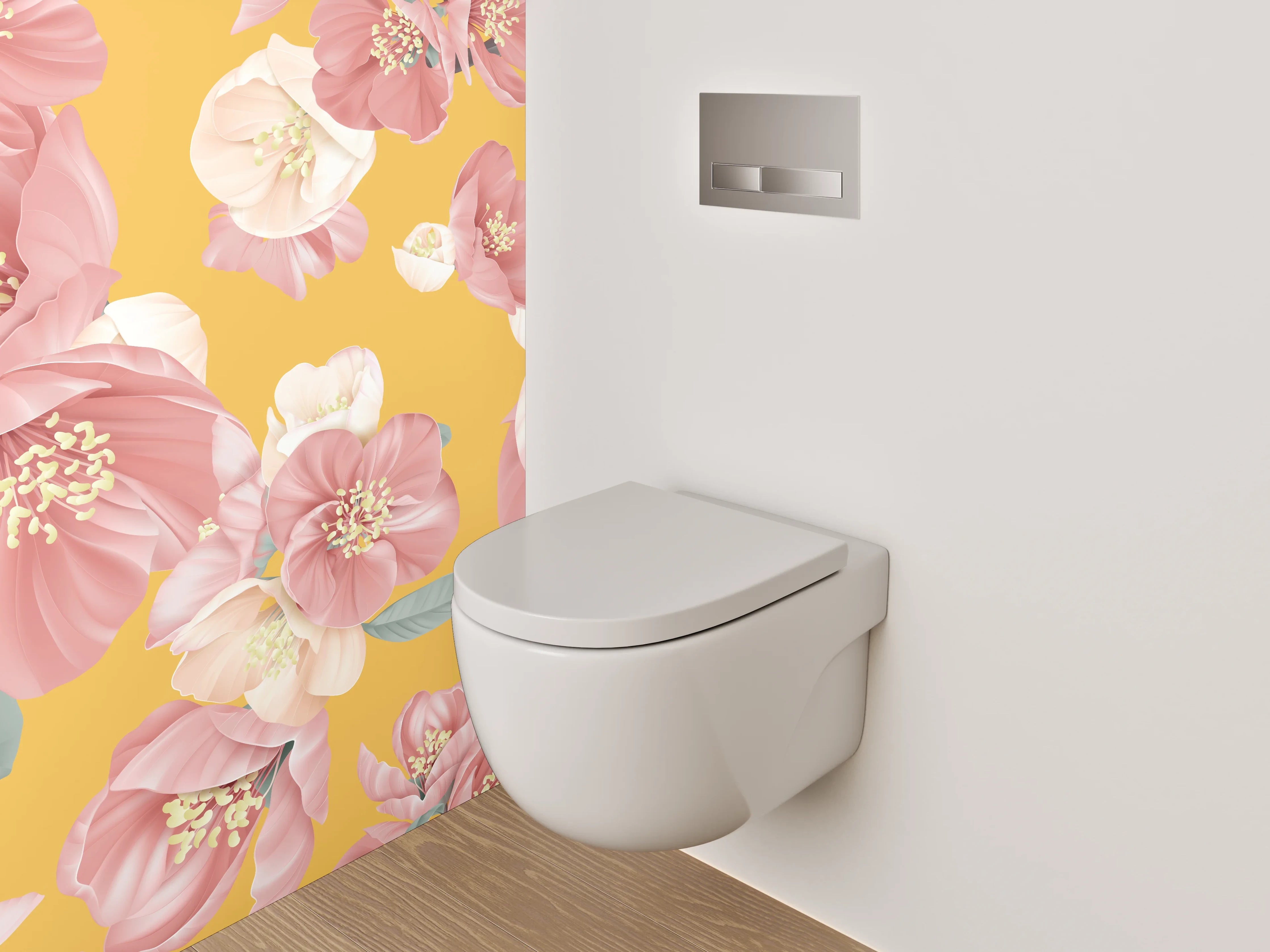 WC-Rückwand - Rosa Blumen Aquarell auf Gelb
