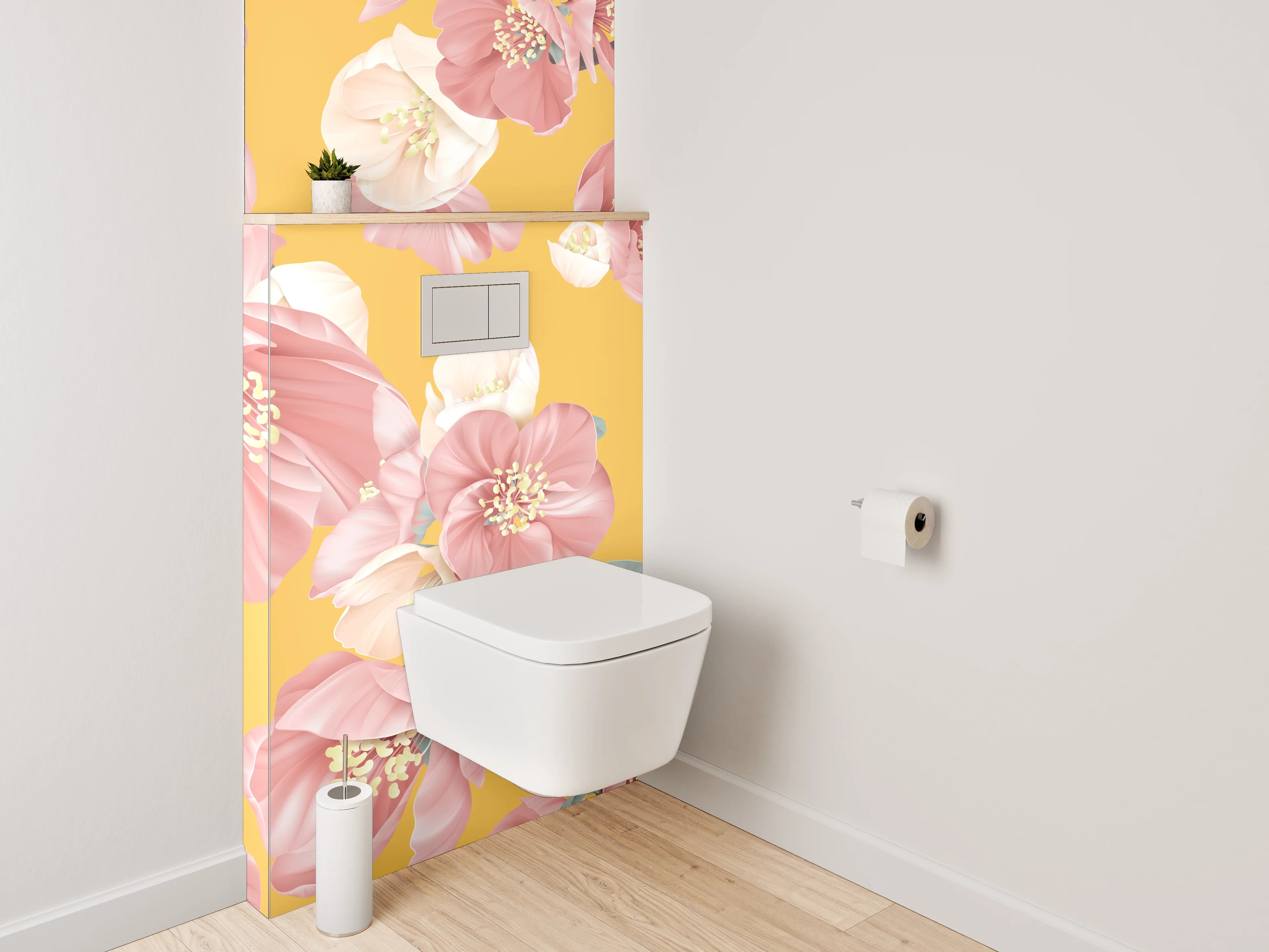 WC-Rückwand - Rosa Blumen Aquarell auf Gelb