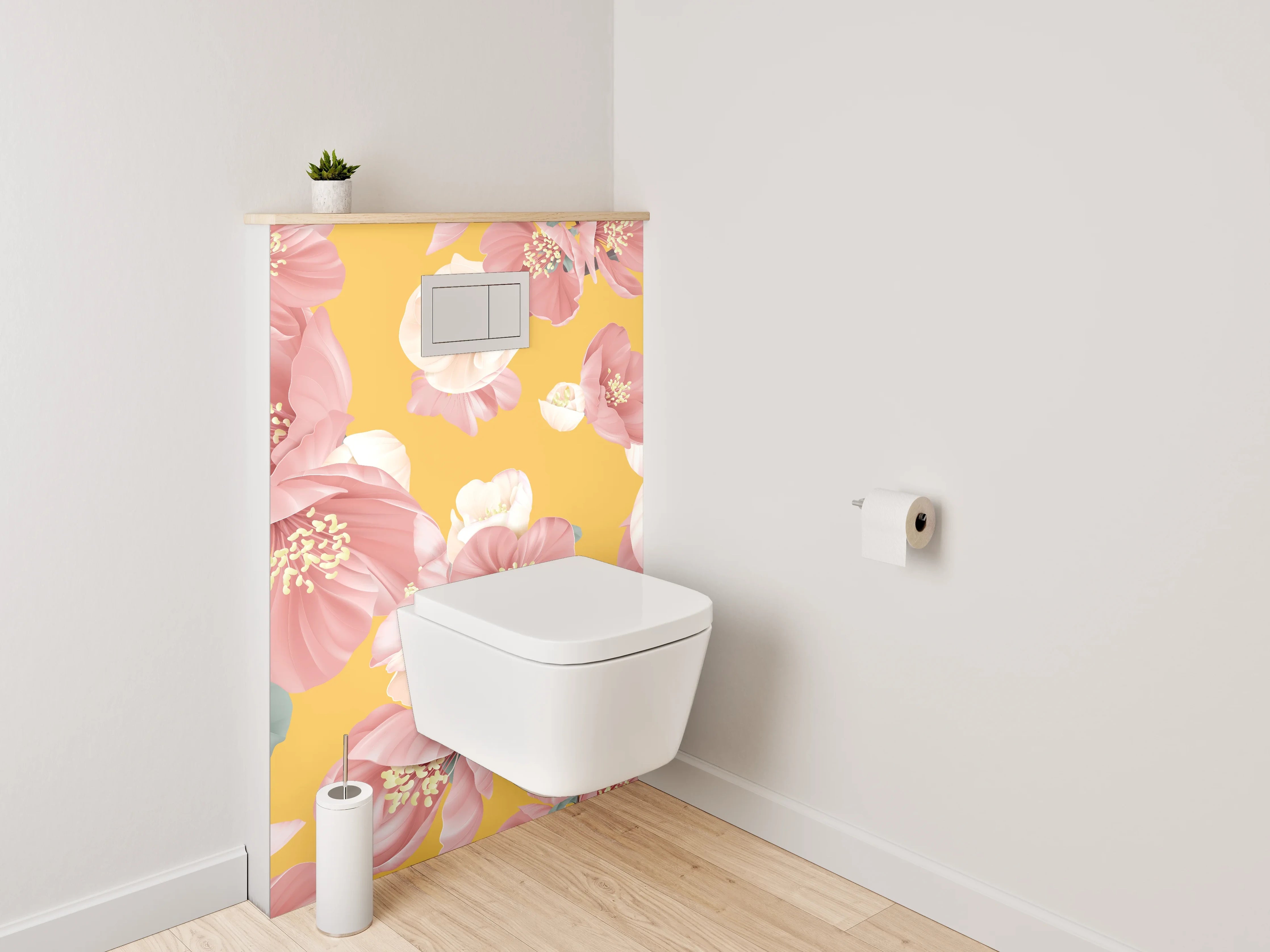 WC-Rückwand - Rosa Blumen Aquarell auf Gelb