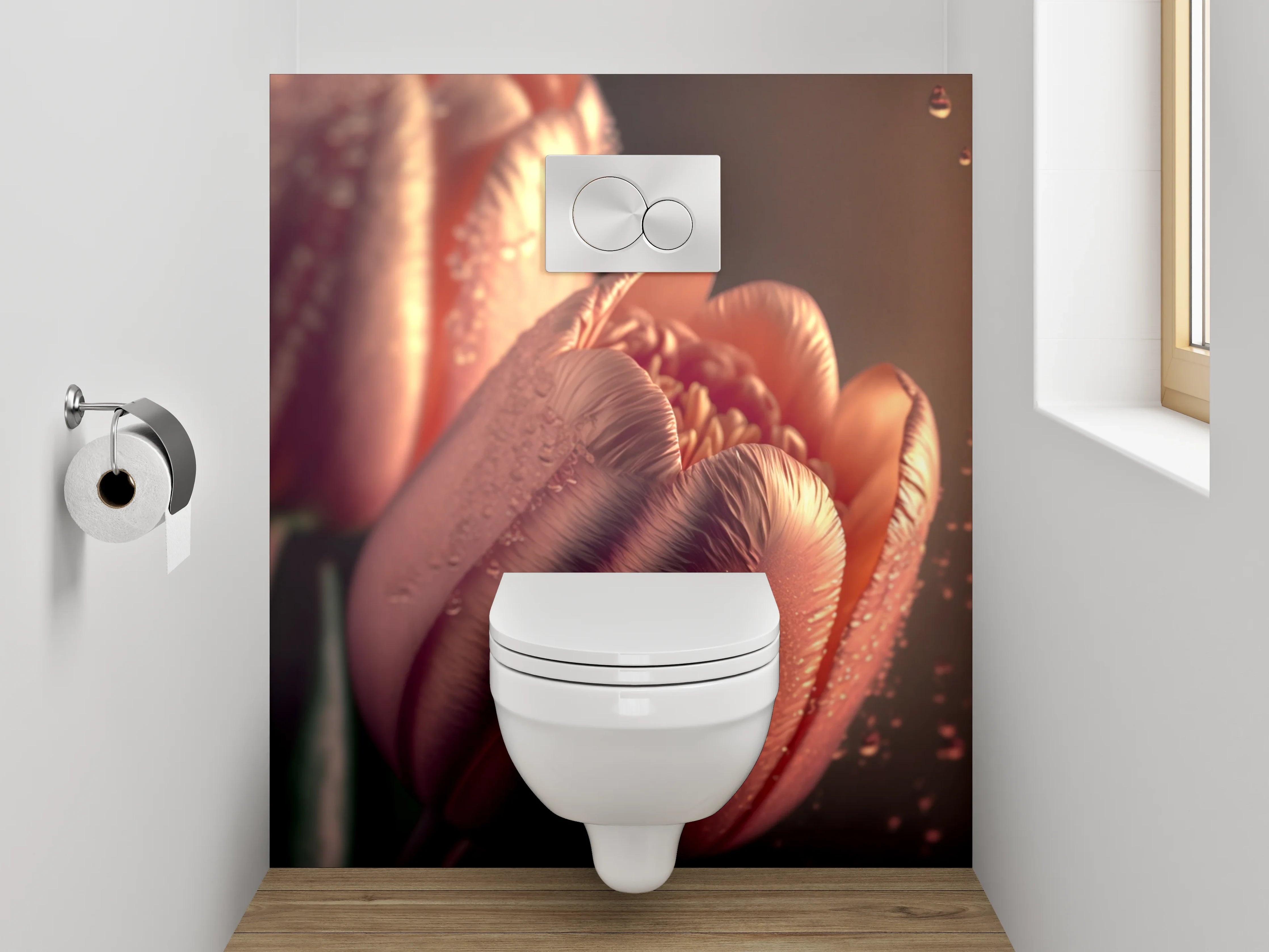 WC-Rückwand - Rosafarbene Tulpen mit Tautropfen
