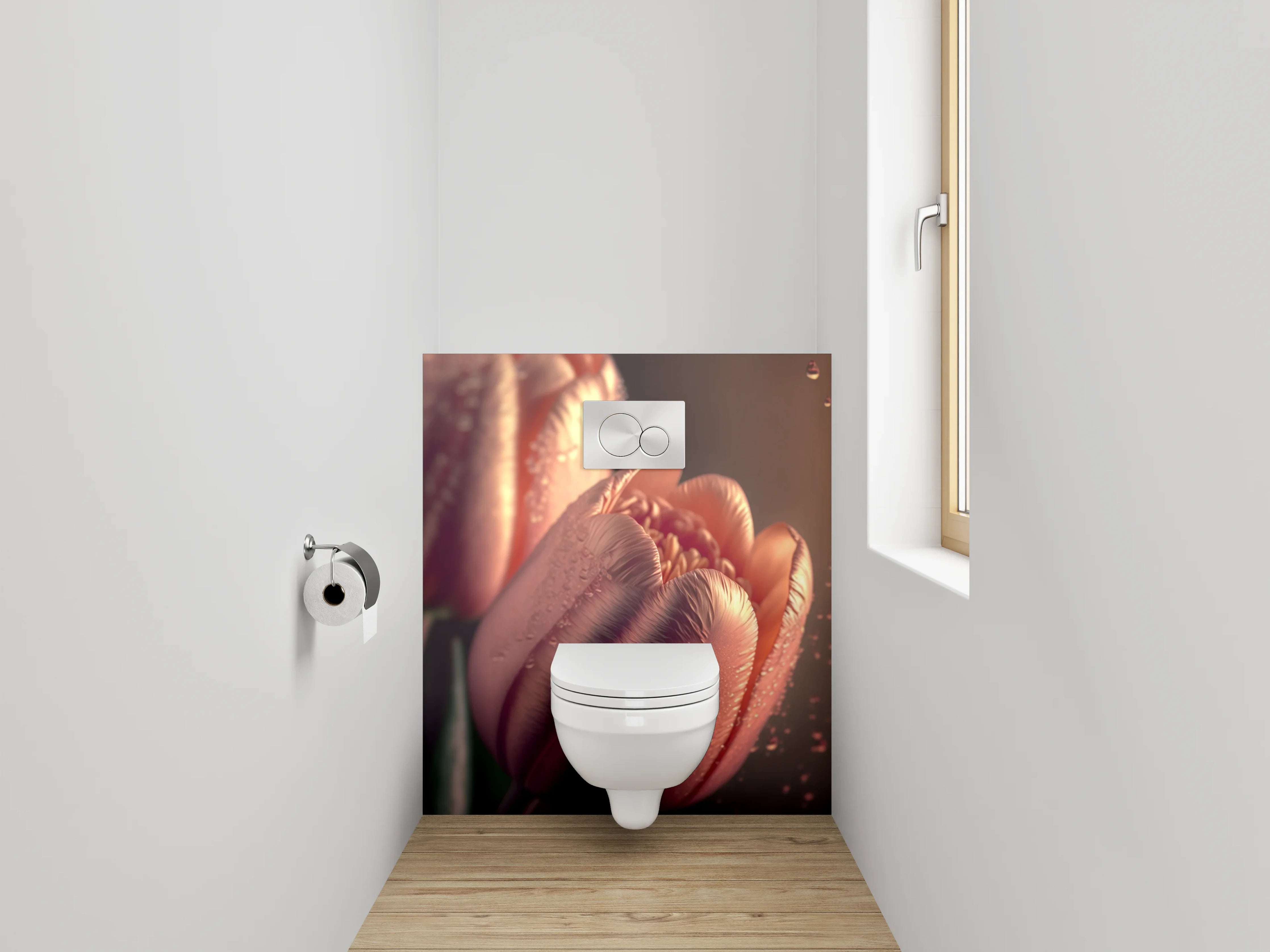 WC-Rückwand - Rosafarbene Tulpen mit Tautropfen