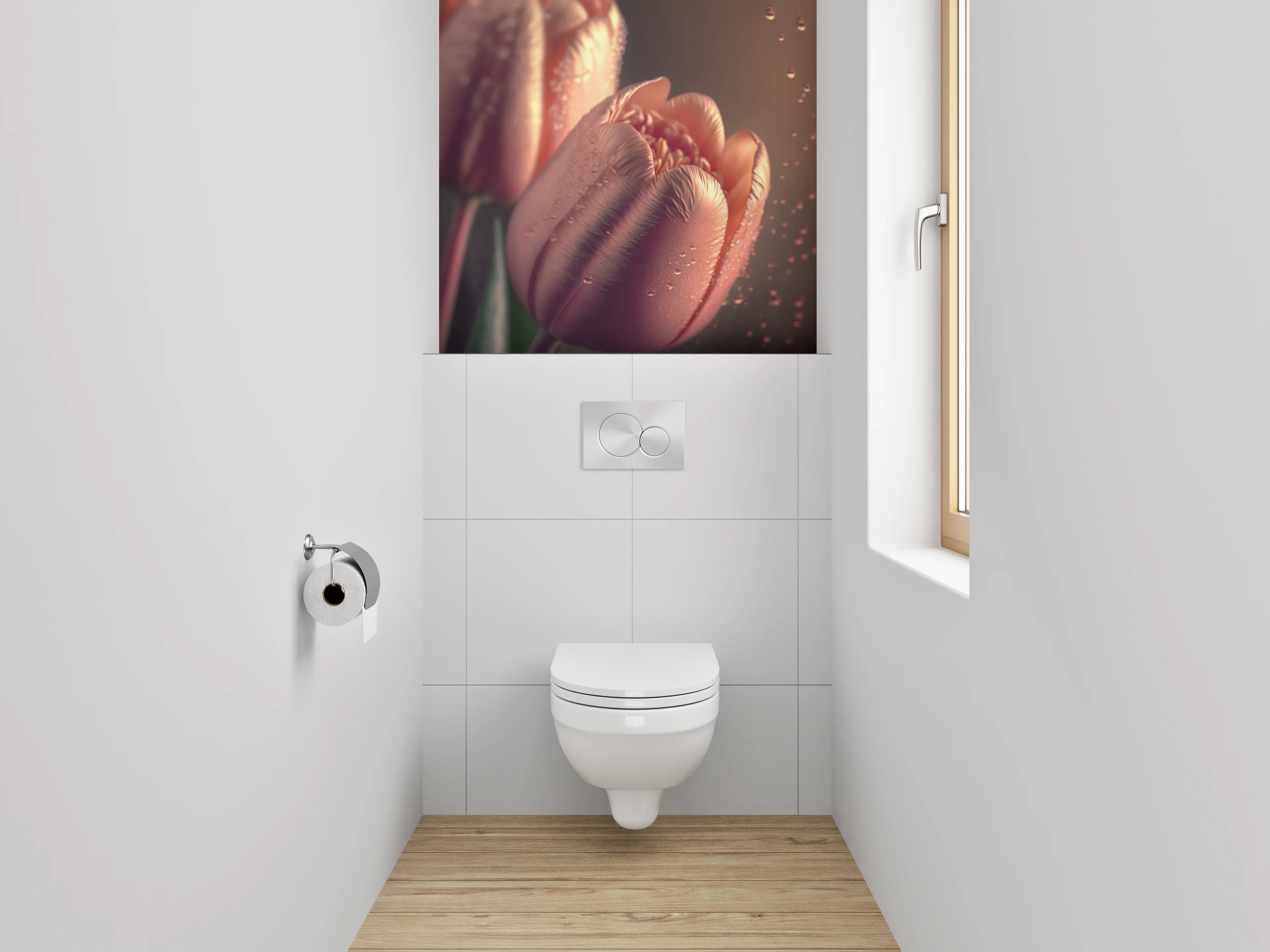 WC-Rückwand - Rosafarbene Tulpen mit Tautropfen