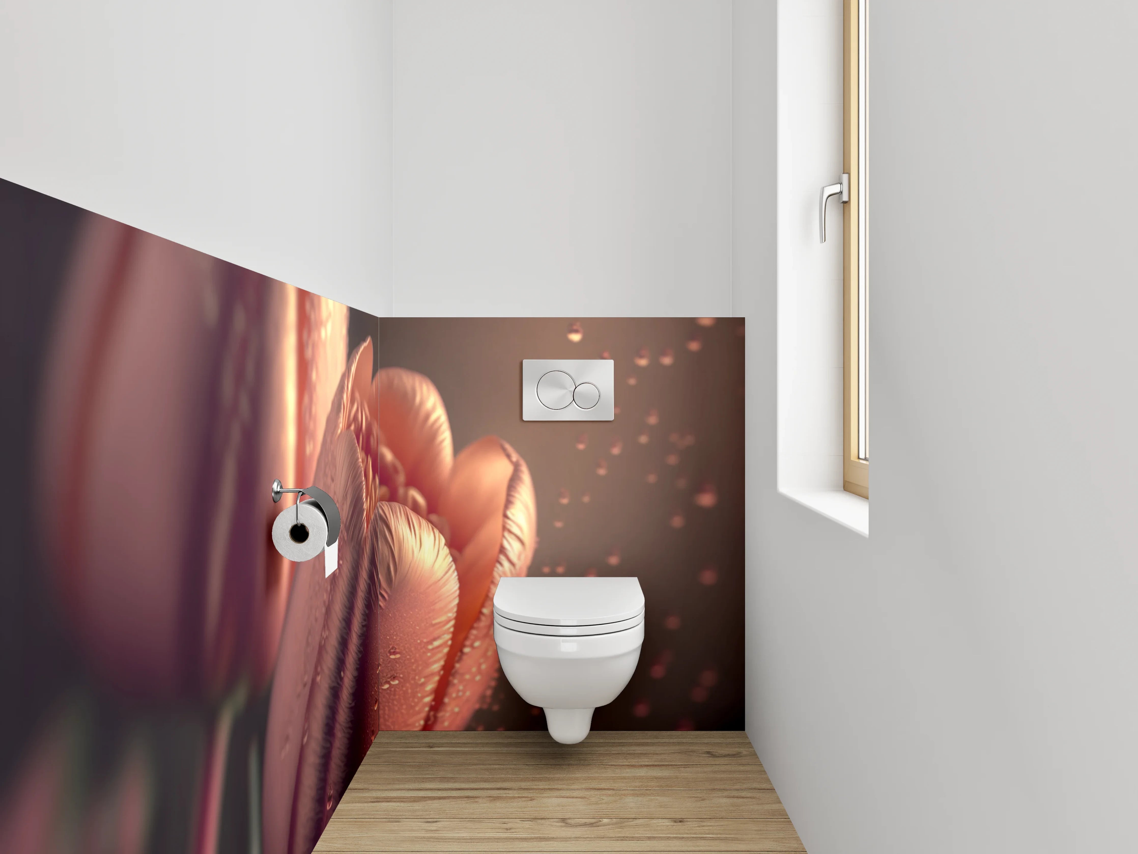 WC-Rückwand - Rosafarbene Tulpen mit Tautropfen