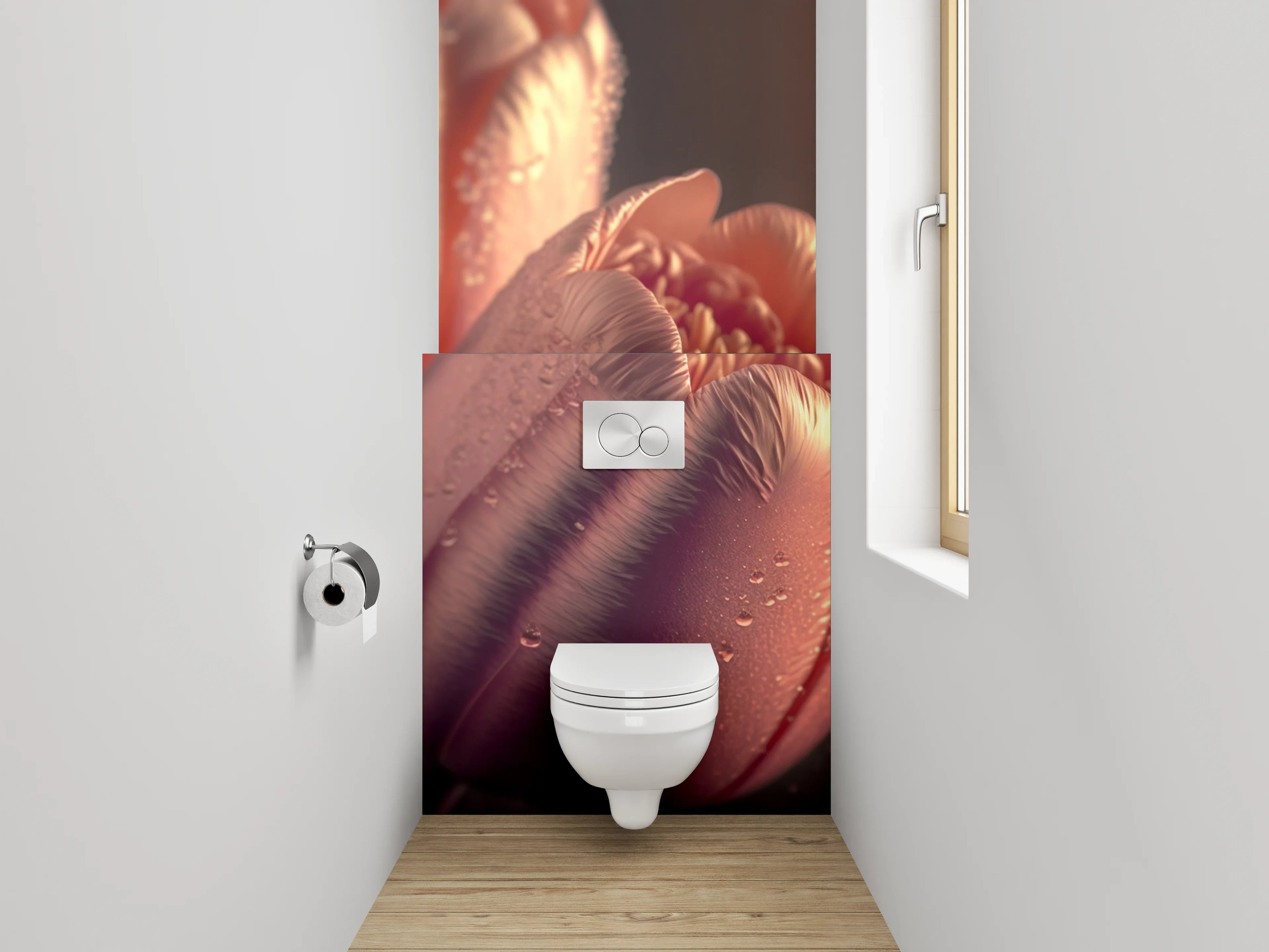 WC-Rückwand - Rosafarbene Tulpen mit Tautropfen
